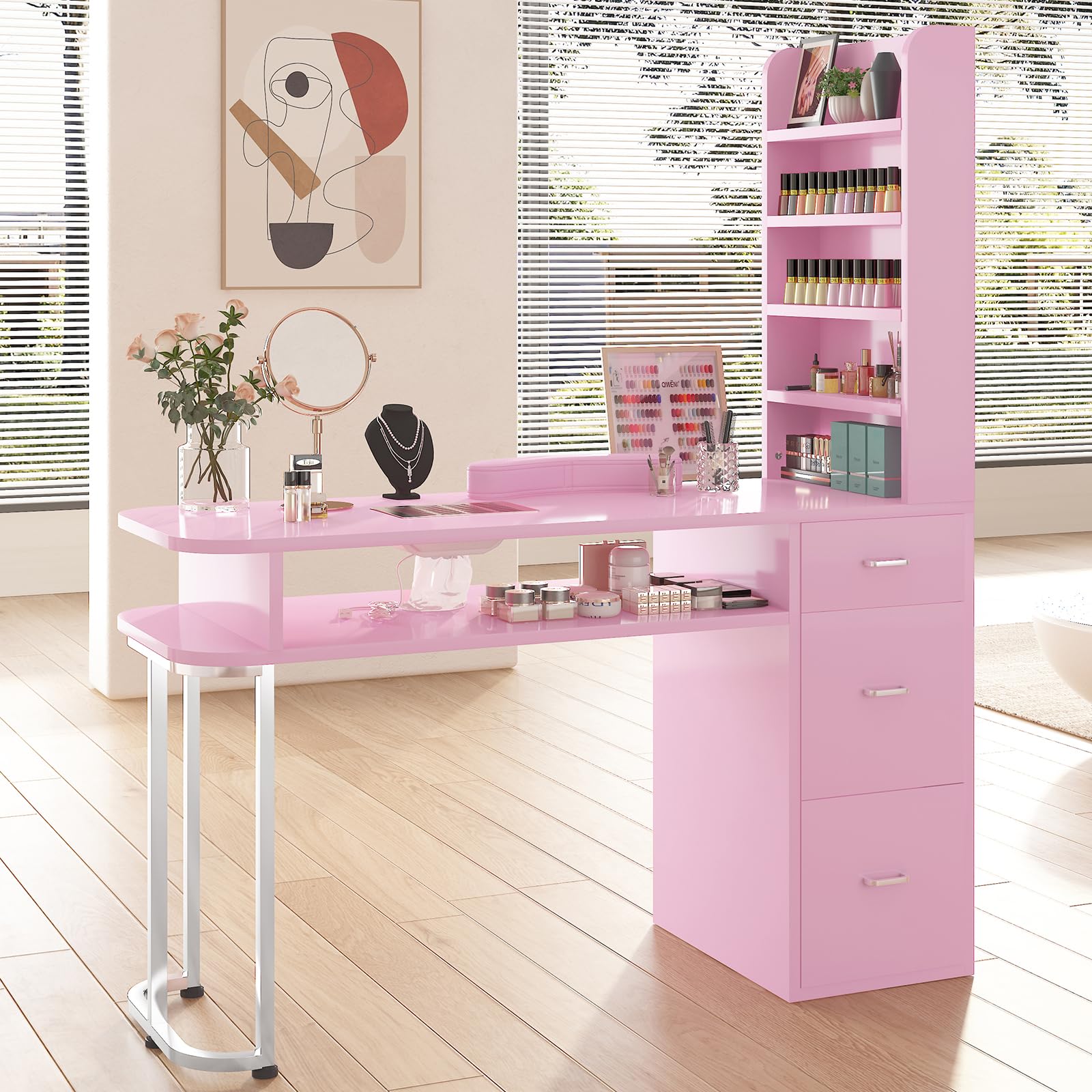 Professional Manicure Table for Nail Technicians - Pink Nail Salon Table with Side Cabinet, Large Drawers, Wrist Cushion & Built-in Dust Collector | Perfect for Nail Salons, Home Studios & Mobile Nail Services