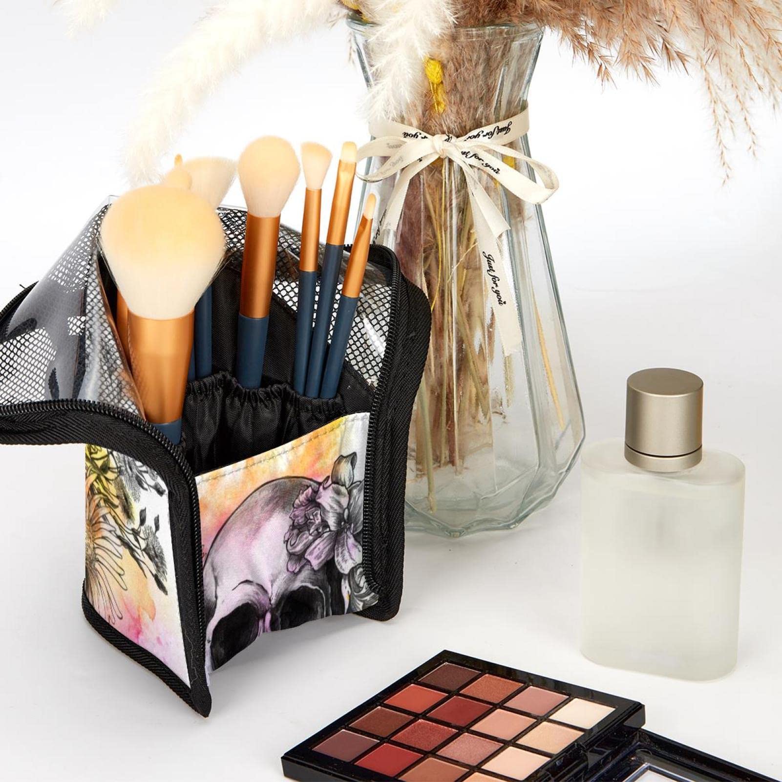 Waterproof Makeup Brush Organizer Bag with 12 Slots - Floral Skull Design Portable Cosmetic Brush Holder Case for Travel, Home & Professional Makeup Artists