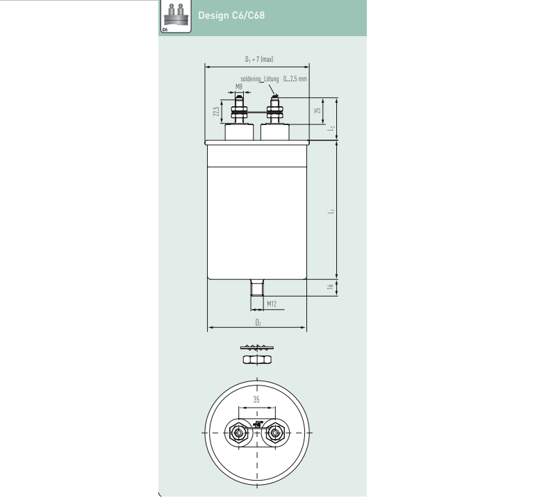 High RMS Current E62.R17 124C60 120uF AC Film Capacitor - 2000VDC/1200VAC, ø116x176mm with M6x12 Bushing Terminals | C6 Design for Industrial Power Supplies, Motor Drives & Renewable Energy Systems