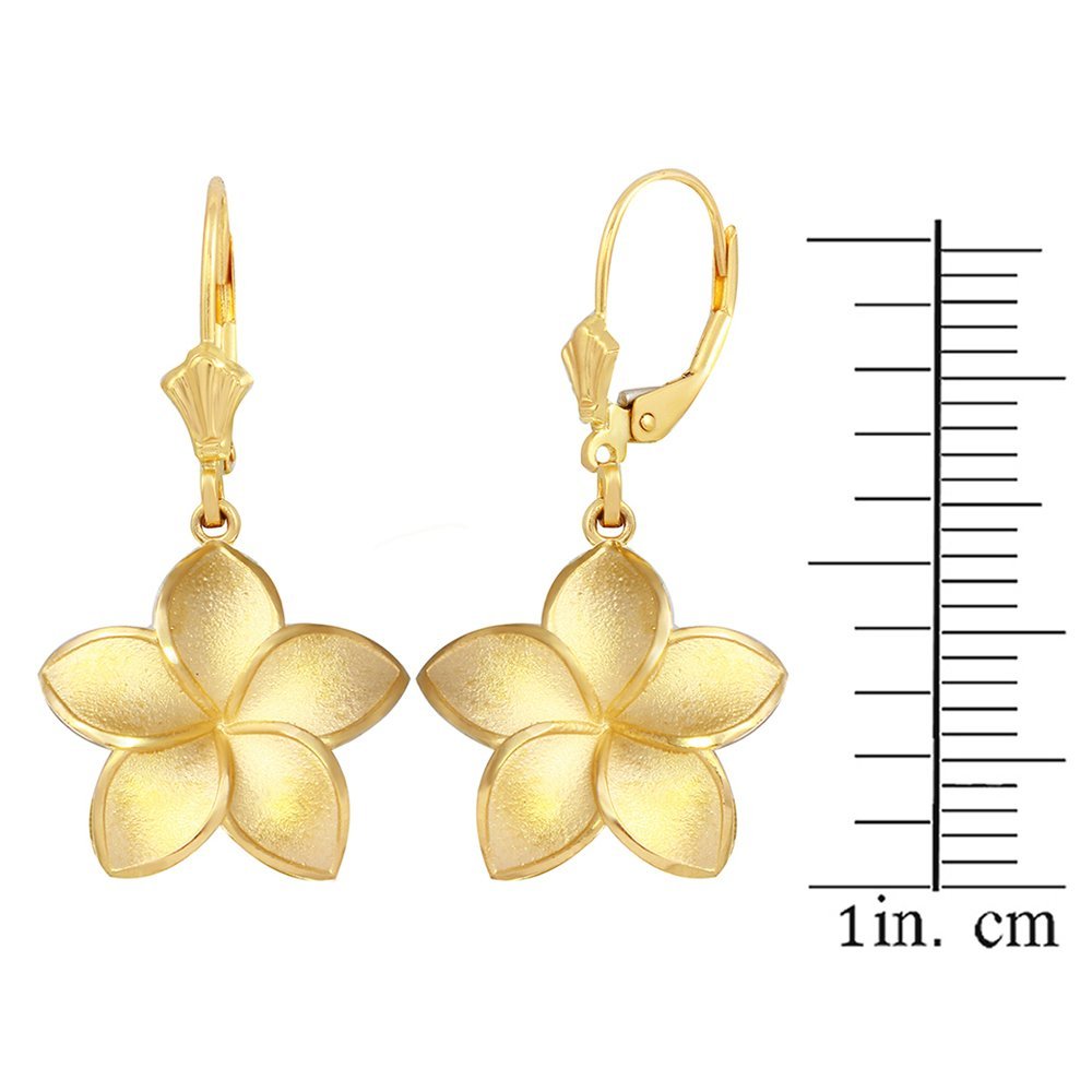 10k Gold Matte Finish Hawaiian Plumeria Flower Dangle Earrings for Women - Medium Size, Perfect for Beach Vacations, Summer Parties & Boho Fashion