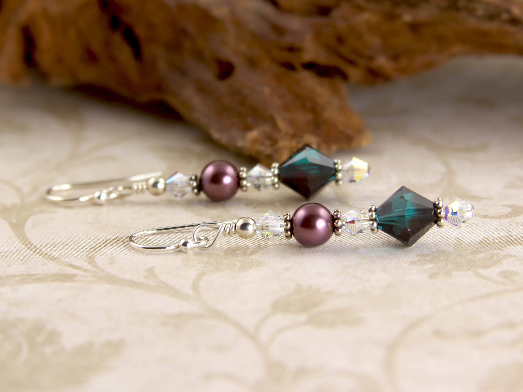 Teal and Burgundy Crystal Beaded Dangle Earrings for Women | Elegant Handmade Jewelry Gift for Party, Wedding & Special Occasions