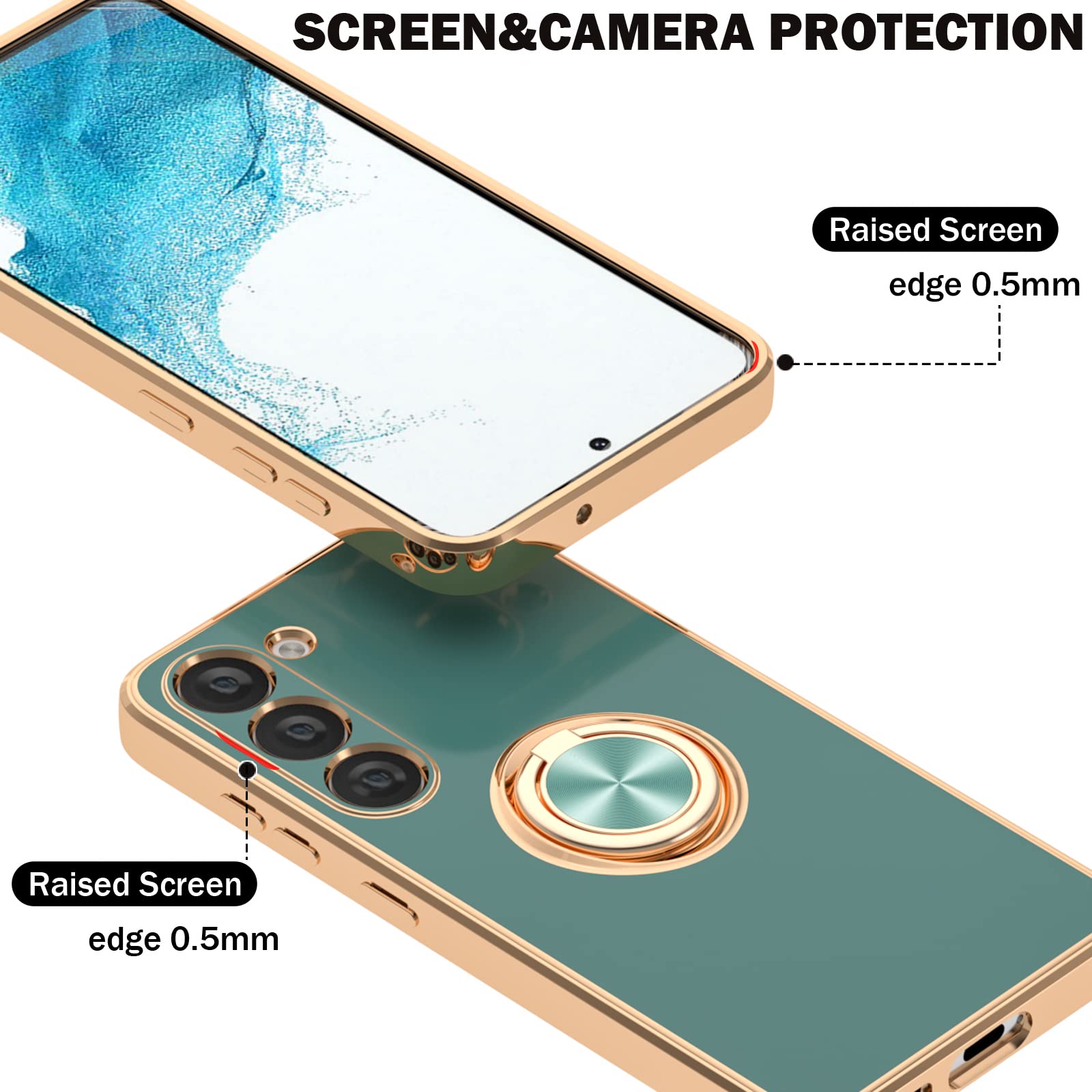 Samsung Galaxy S23 Phone Case with Ring Holder & 360° Kickstand - Rose Gold Edge, Slim Soft TPU Protective Cover + 2 Screen Protectors (Grey) - Perfect for Women's Daily Use, Work & Travel