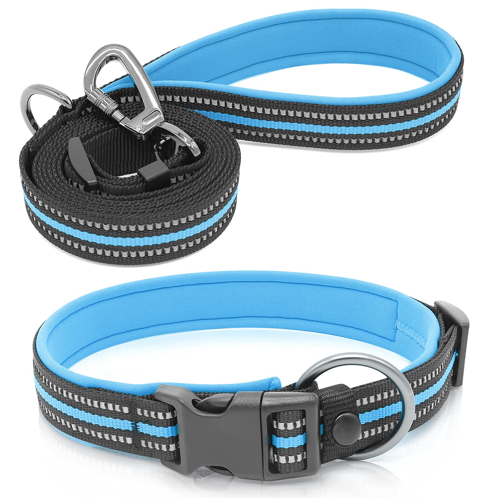 Reflective Dog Collar and Leash Set - Adjustable Nylon Padded Collar with Soft Neoprene for Small, Medium & Large Dogs | 4 Sizes | Perfect for Night Walks, Jogging & Outdoor Safety