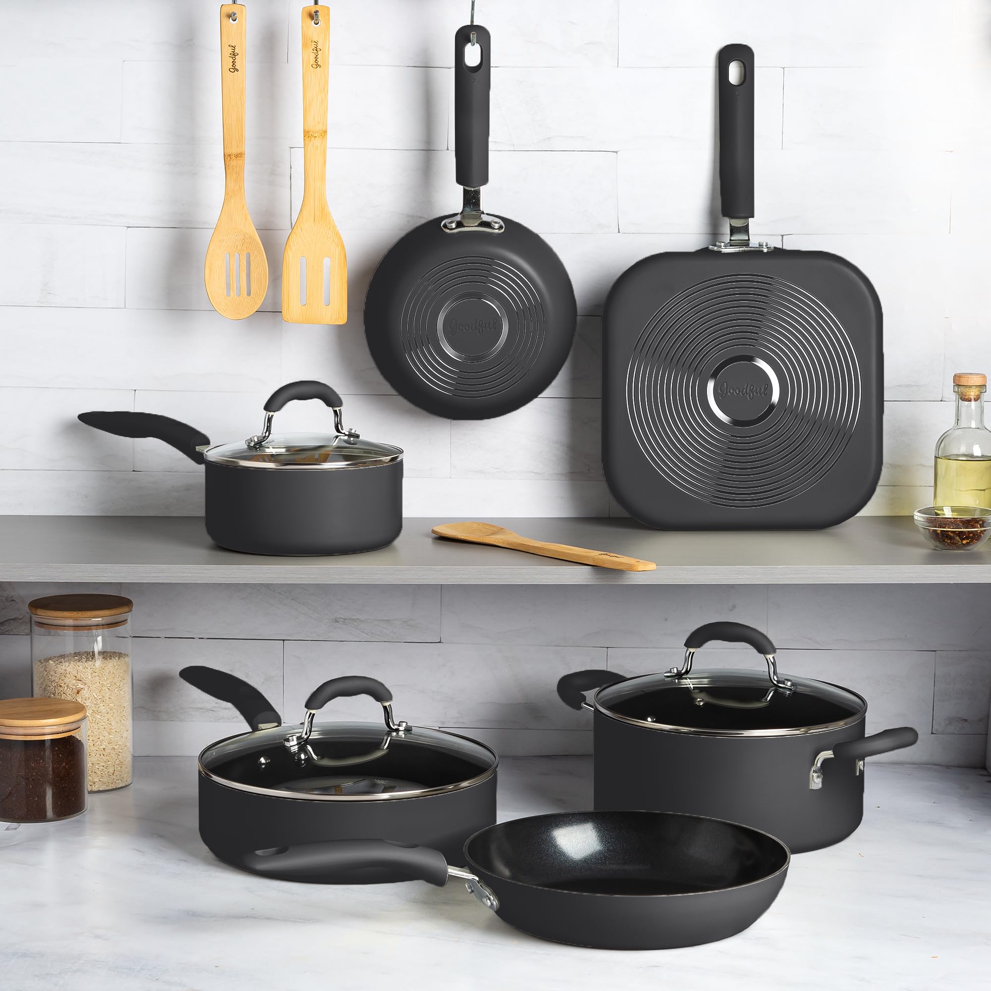 Premium Goodful Ceramic Nonstick Cookware Set - 12-Piece PFOA-Free Pots & Pans with Eco-Friendly Coating | Dishwasher Safe, Charcoal Gray | Perfect for Home Cooking, Professional Kitchens & Healthy Meal Prep