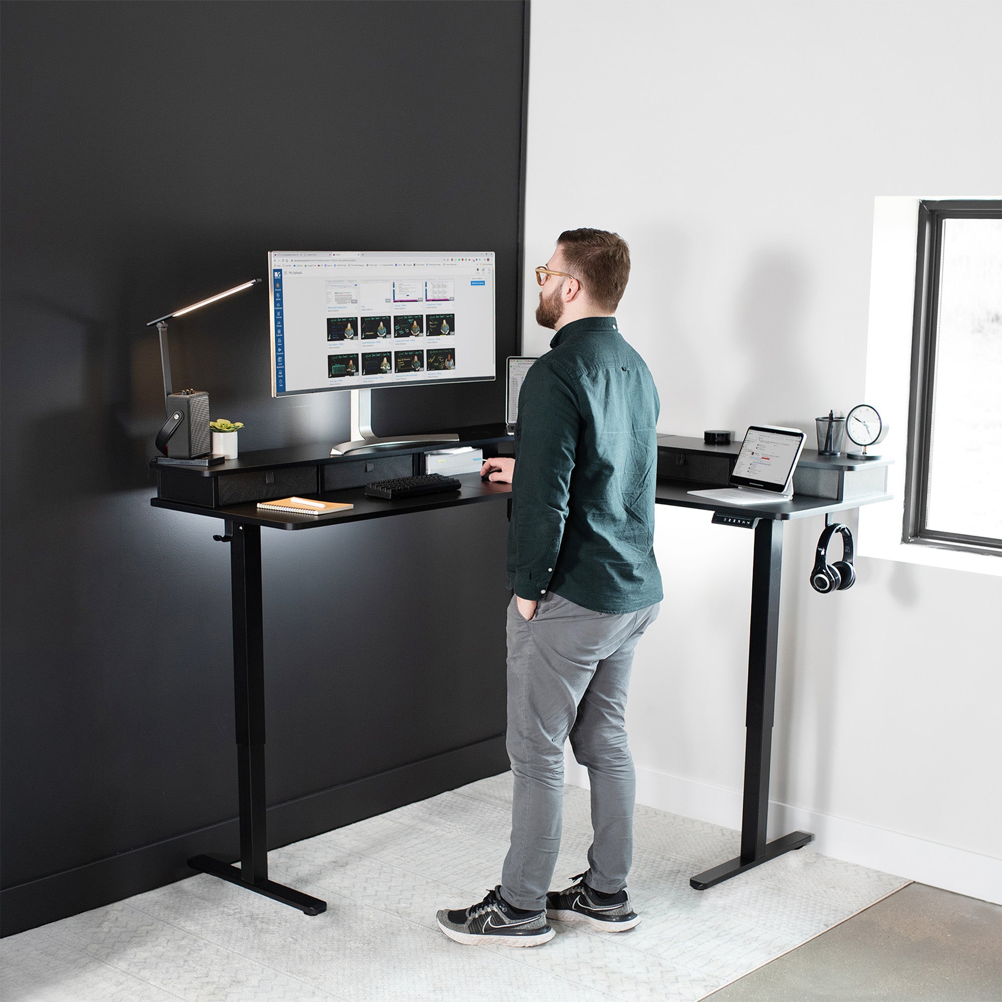E3CV Series Two Tier Corner Electric Desk with Storage - Adjustable Standing Desk for Home Office, Study & Workspace - Perfect for Small Spaces & Ergonomic Workstations