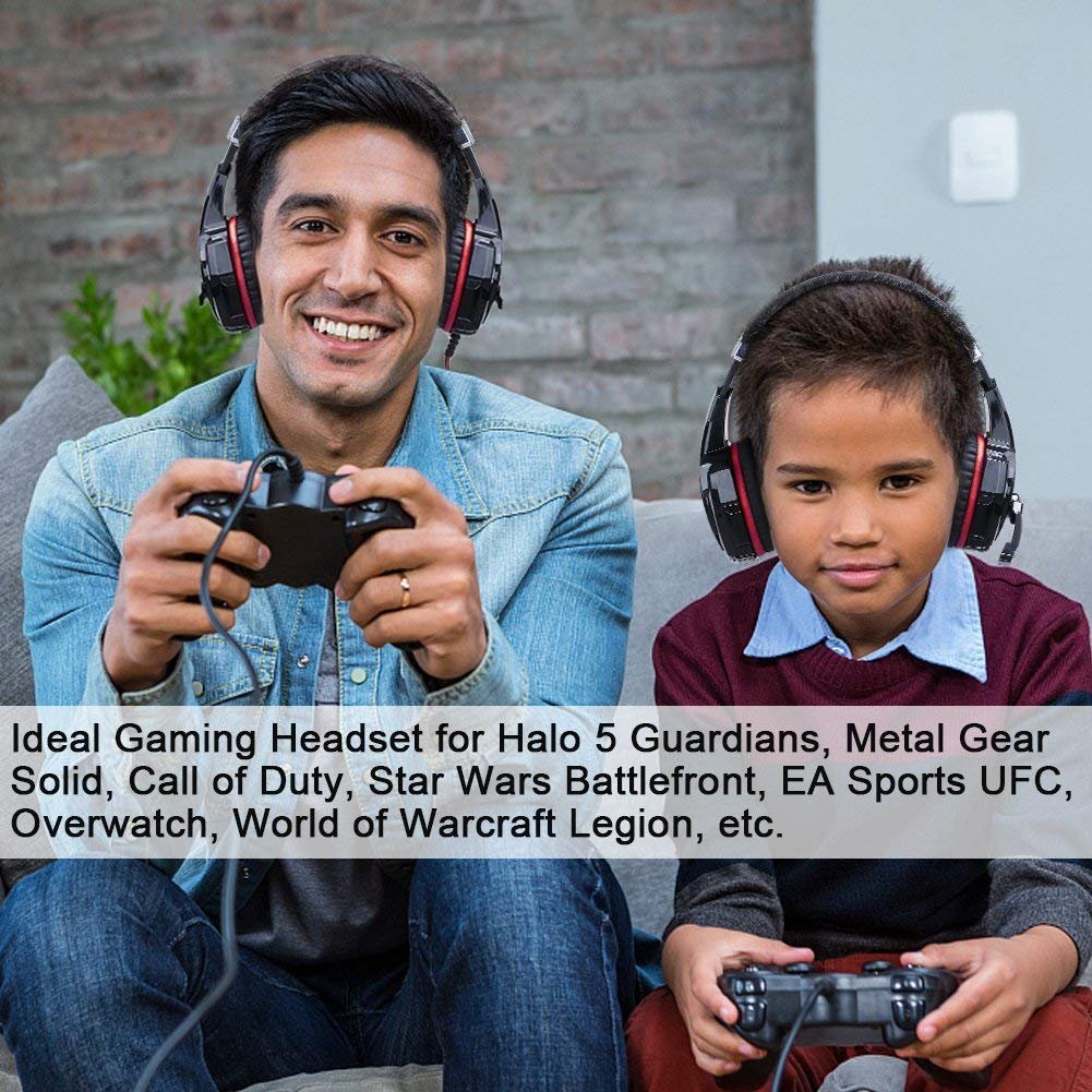 Premium Stereo Gaming Headset for PS4, PS5, PC, Xbox One & Nintendo Switch - Noise Cancelling Over-Ear Headphones with Mic, LED Lights & Deep Bass Surround - Soft Memory Foam Earmuffs for Comfort - Perfect for Gaming, Streaming & Online Meetings (Black-Red)