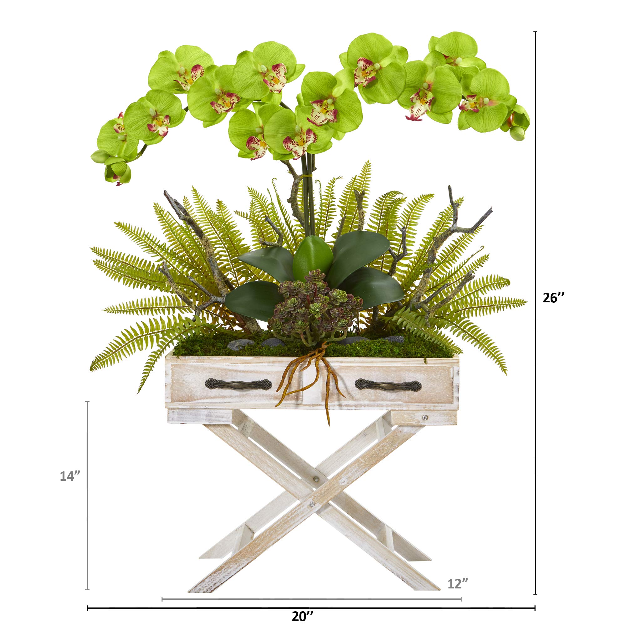 Nearly Natural 26 Inch Artificial Phalaenopsis Orchid with Fern and Succulent Silk Flower Arrangement in Drawer Planter - Perfect for Home Office Decor, Wedding Centerpieces, and Indoor Greenery Displays