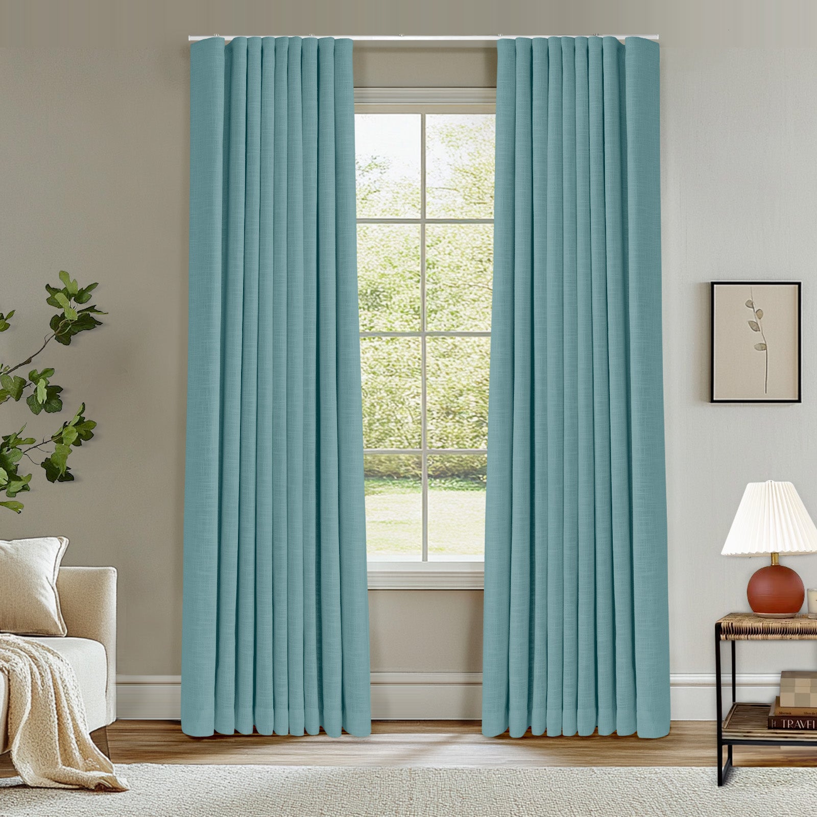 Custom Blackout Ripple Fold Lille Linen Memory Trained Curtains - Thermal Insulated Ceiling Track Drapes in Burlywood Birch | Perfect for Bedroom, Living Room & Home Theater Light Control