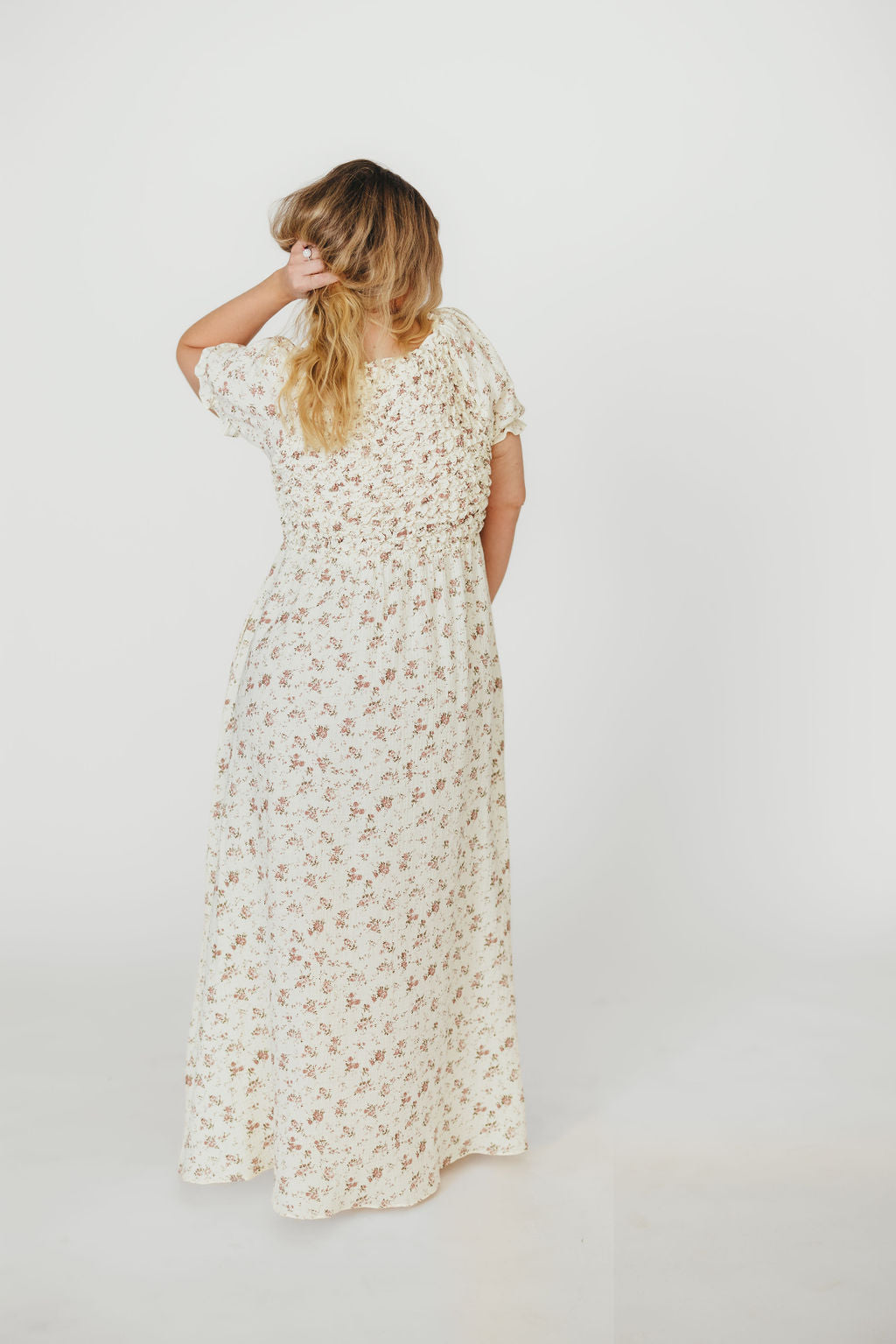 Emilia 100% Cotton Smocked Maxi Dress - Ivory/Mauve Floral Print, Bump Friendly Maternity Dress for Women | Perfect for Beach Vacations, Summer Weddings & Casual Outings