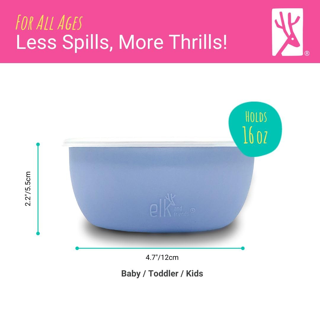 Elk and Friends 4-Pack Stainless Steel Baby Bowls with Silicone Sleeve & Lids - Non-Toxic Toddler Feeding Bowls for Cereal, Snacks, Fruits - Perfect for Home, Travel & Daycare Use