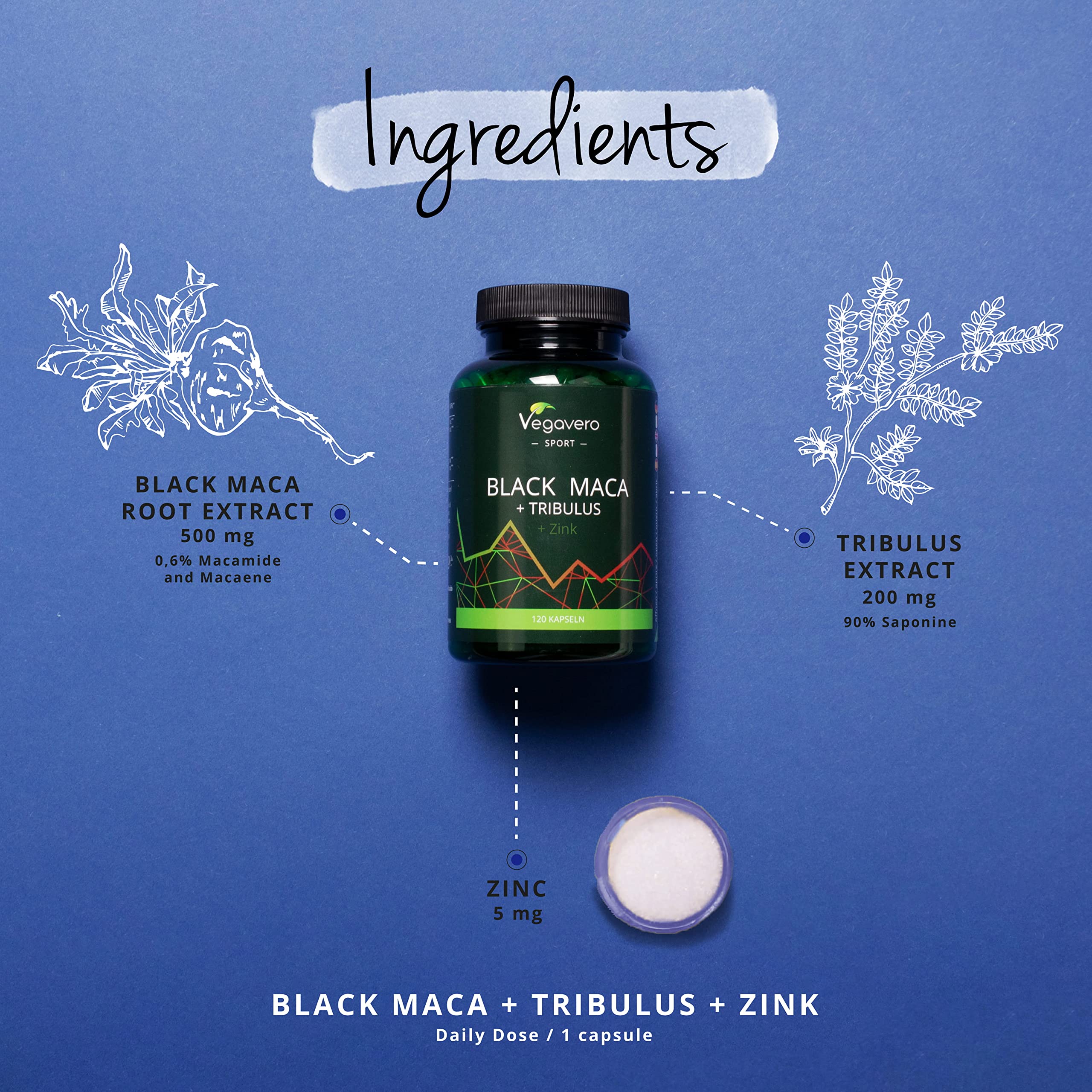 Vegavero Tribulus Terrestris & Maca Root Complex - 500mg Potent Extract (450mg Saponins) with 200mg Black Maca & Zinc | No Additives, Lab Tested | 120 Vegan Capsules | Natural Energy Booster for Men & Women | Supports Vitality, Stamina & Performance