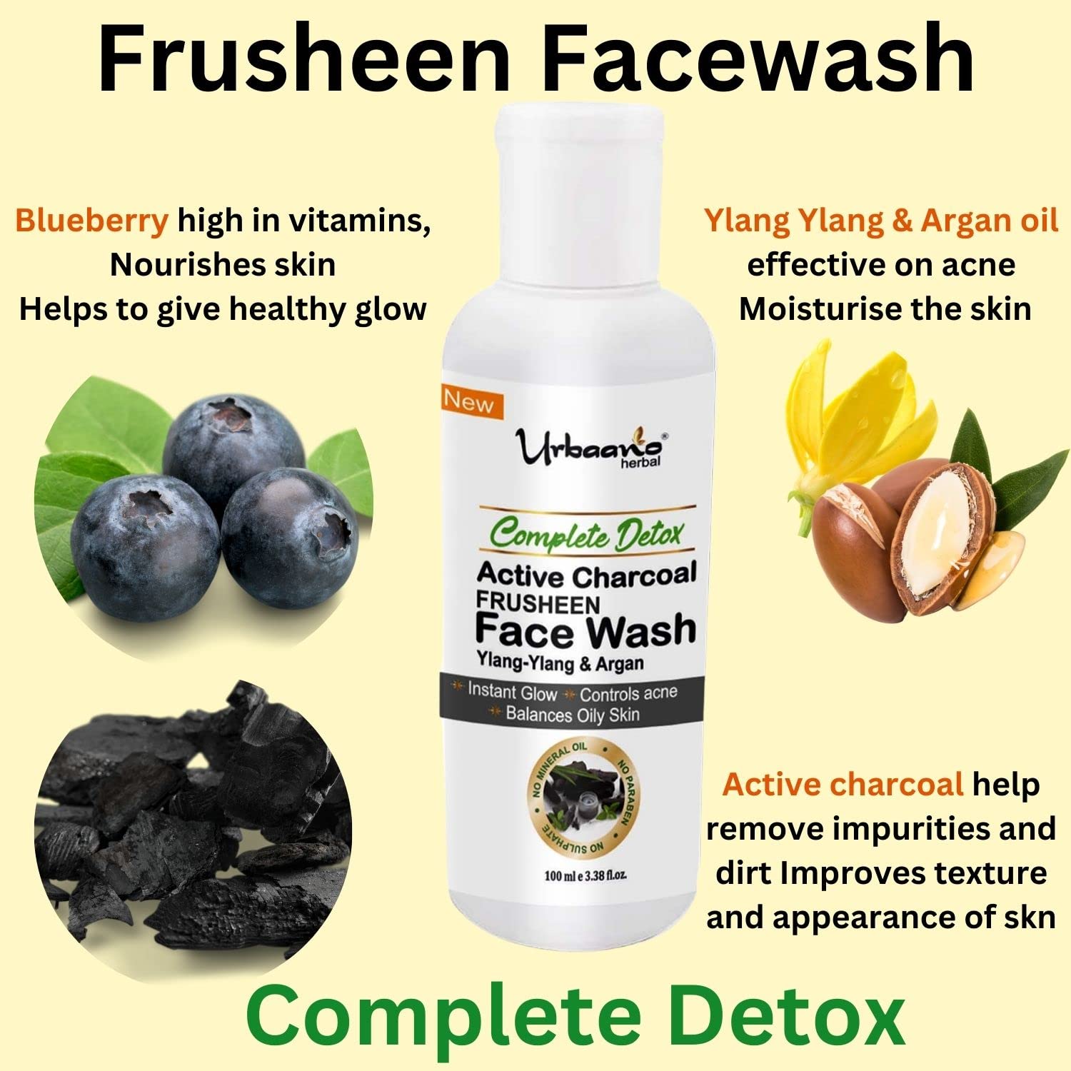 Urbaano Herbal Frusheen SLS & Paraben Free 1% Salicylic Acid Face Wash Combo - Charcoal, Neem & Vitamin C (3x100ml) for Acne-Free & Brightening Skin | Men & Women | Daily Cleansing for Oily & Combination Skin