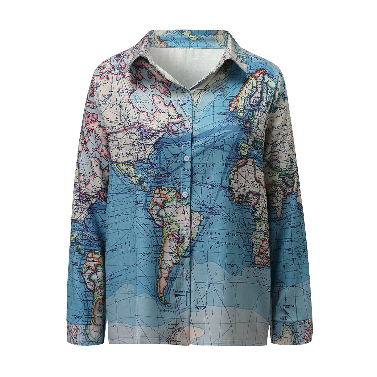 Women's Casual Long Sleeve Button Down Blouse with Lapel & World Map Print - Loose Fit Tops for Work, Travel & Everyday Wear