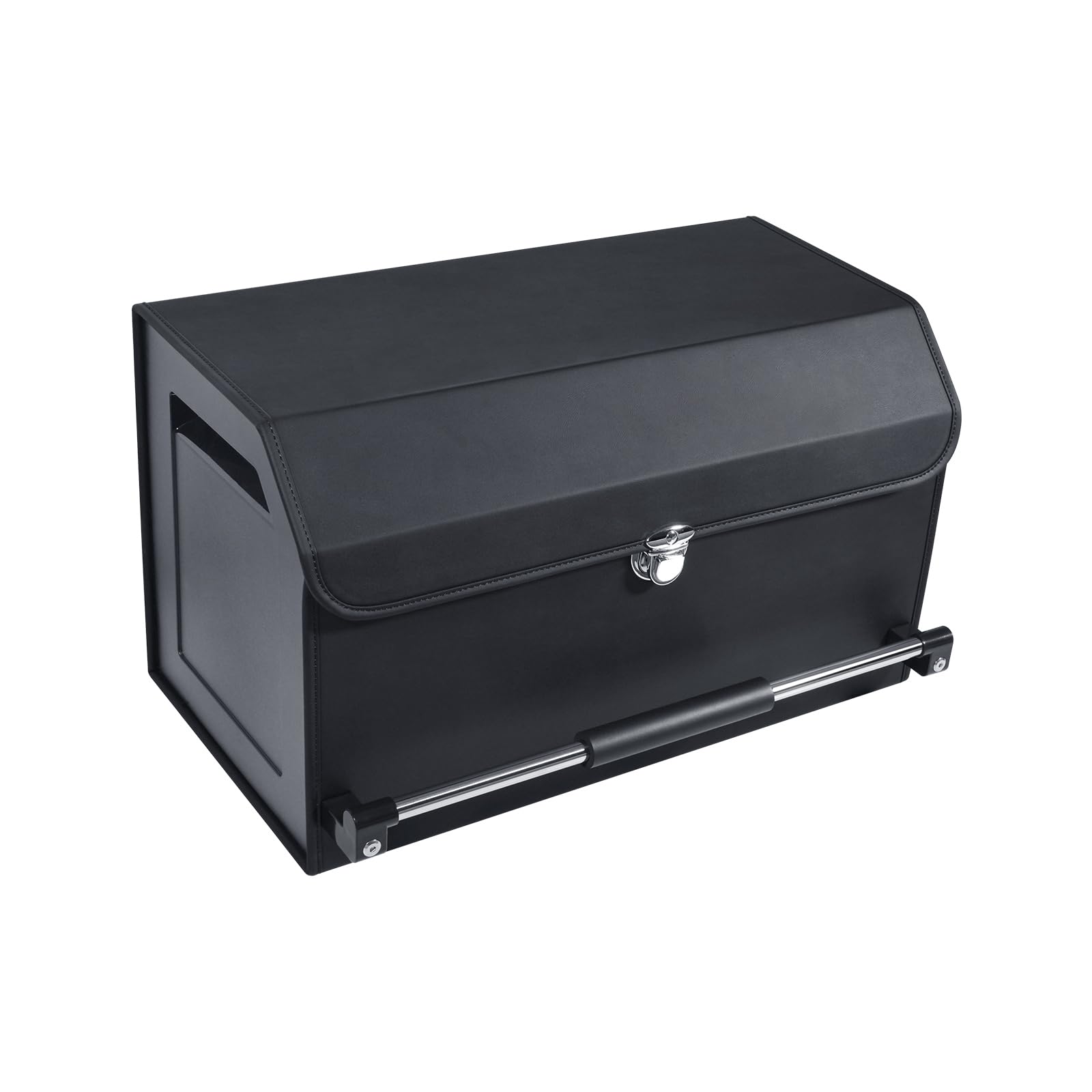 Premium Leather Collapsible Car Trunk Organizer with Push-Pull Handle & Lid - 2 Compartment Large Storage Box for SUV, Minivan, Sedan | Perfect for Road Trips, Grocery Shopping & Car Organization (Black)