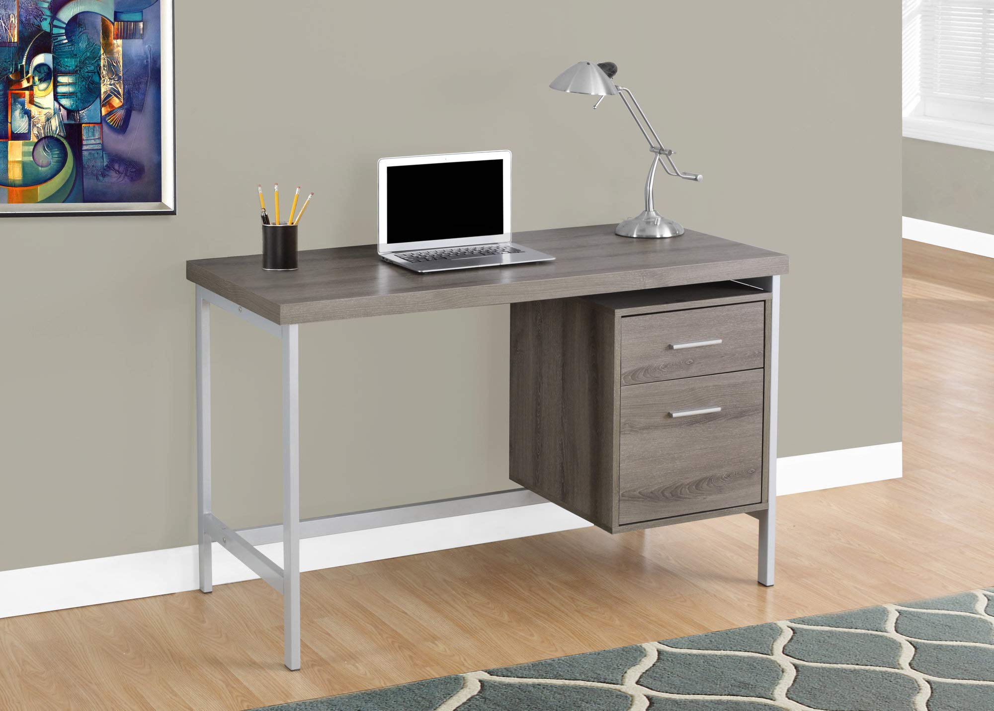 Monarch Specialties Modern Laptop Desk with Storage Drawer & File Cabinet - 48 Inch Home Office Computer Workstation with Metal Legs in Dark Taupe & Silver Finish | Perfect for Small Spaces, Remote Work & Study Areas