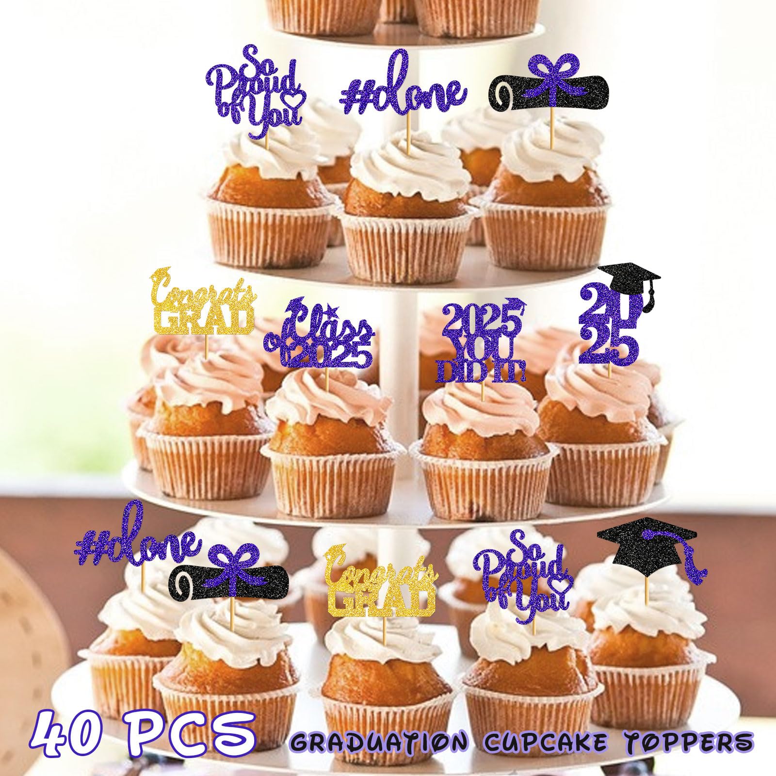 40Pcs Graduation Cupcake Toppers 2025 - Purple Class of 2025 Decorations, Graduation Party Supplies, Cake Picks for Graduation Ceremony & Celebration - Perfect for Graduation Parties, School Events & Dessert Decorations