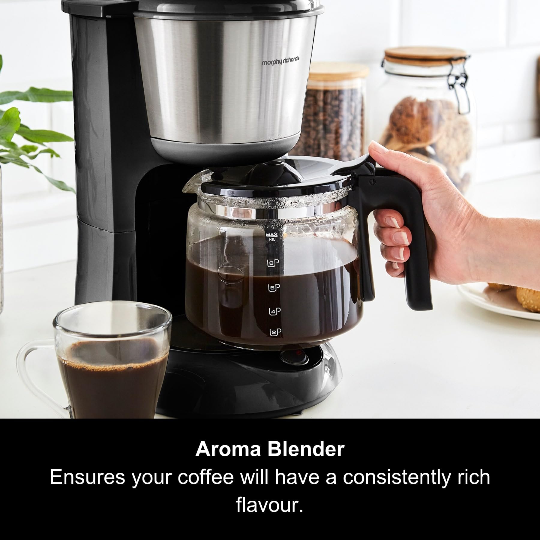 Morphy Richards 10-Cup Filter Coffee Maker with Pour Over Technology, Reusable Filter & Keep Warm Function - Black/Brushed Steel (Model 162501) - Perfect for Home, Office & Entertaining Guests
