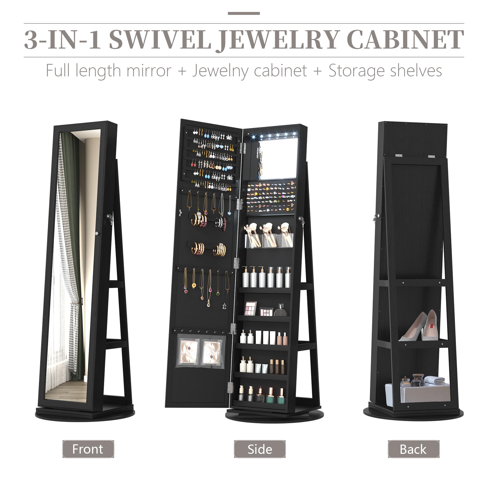 360° Swivel LED Jewelry Cabinet with Full Length Mirror - Jewelry Organizer & Storage Armoire, Farmhouse Style Lighted Vanity Mirror for Bedroom & Dressing Room (Coal Black) | Perfect for Jewelry Display, Makeup & Outfit Coordination