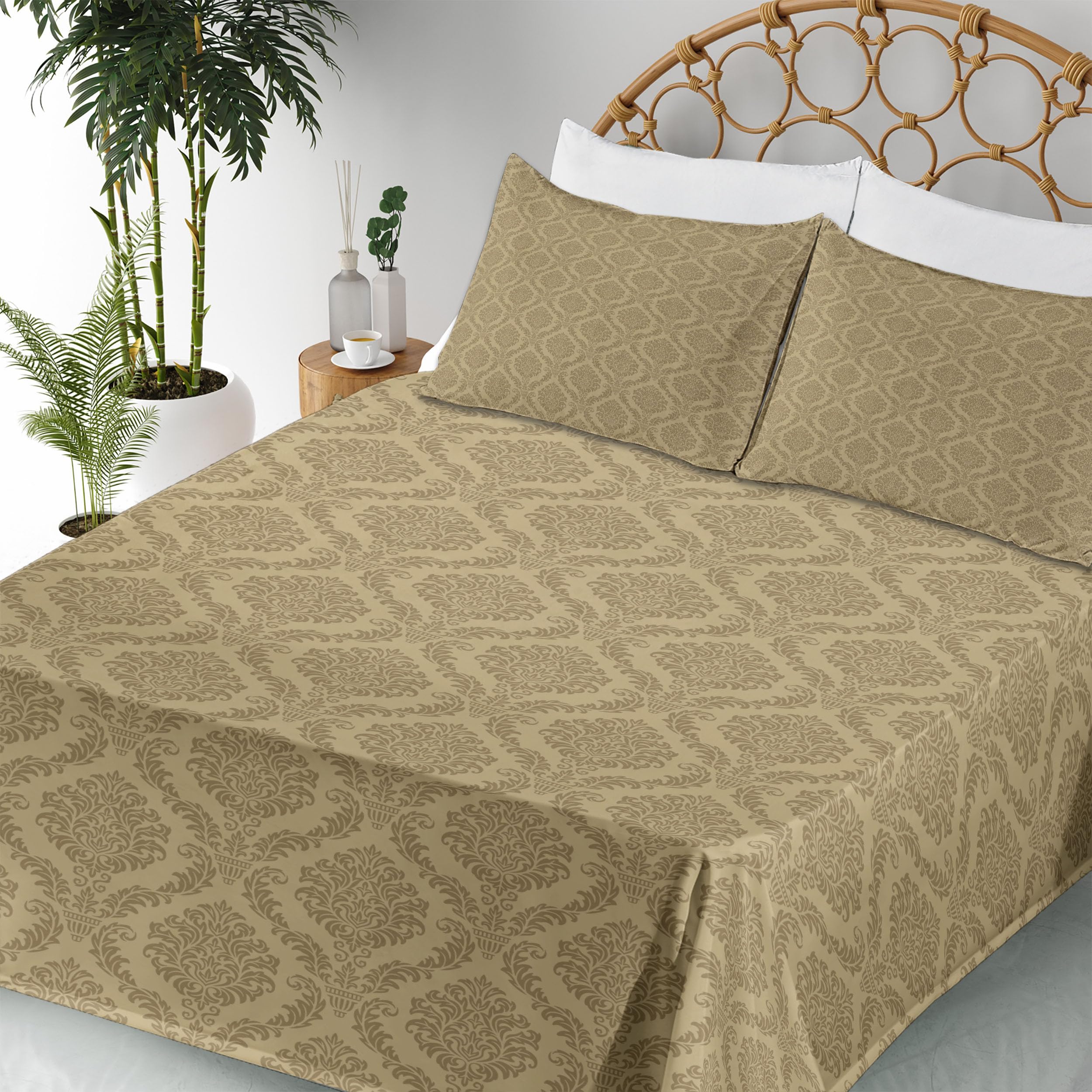 Ambesonne Damask King Sheet Set - 4 Piece Bedding with Floral Print, Soft Khaki & Symmetrical Design | Fitted & Flat Sheets + Pillowcases | Perfect for Master Bedroom, Guest Room & Luxury Hotel Decor