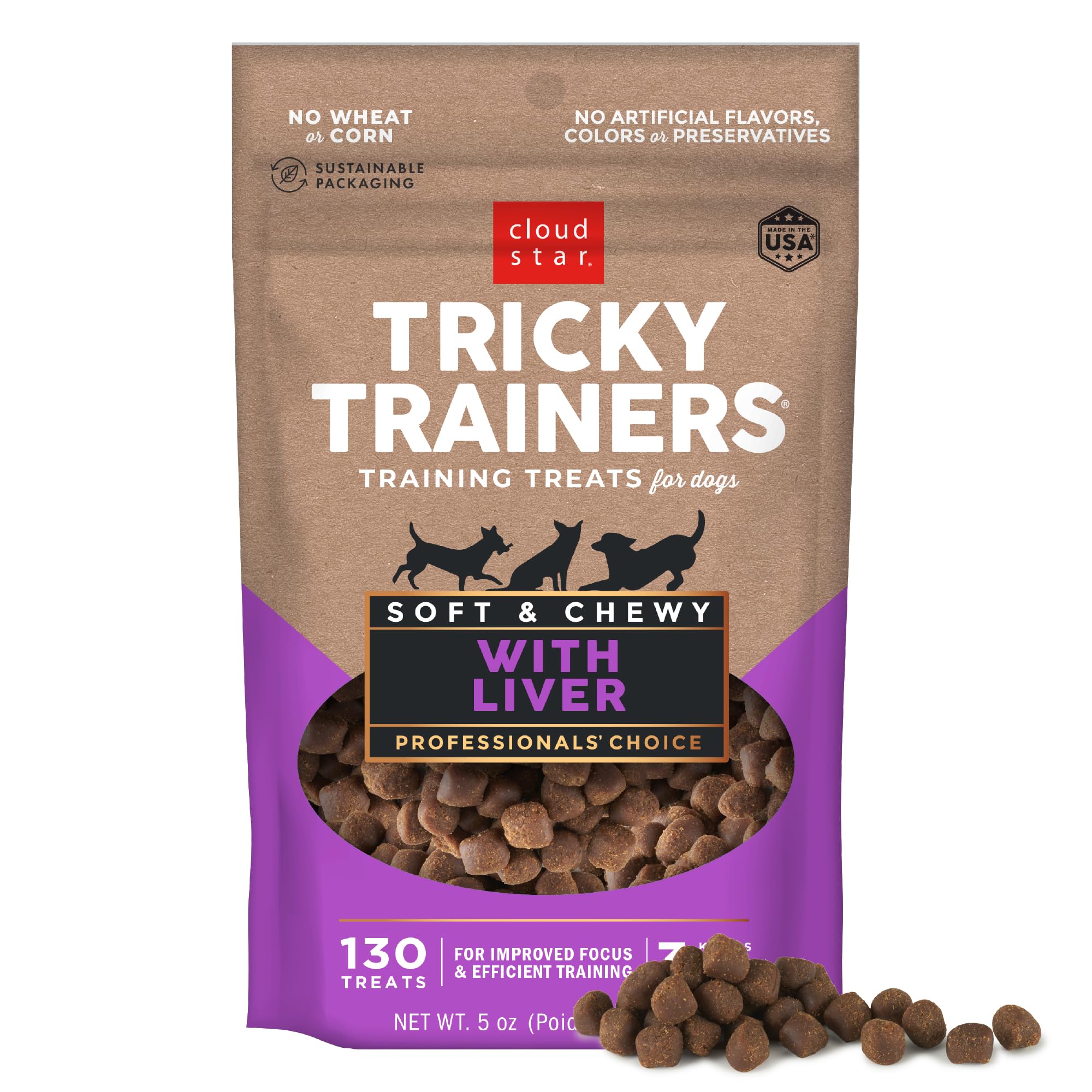 Cloud Star Tricky Trainers Soft & Chewy Dog Training Treats - Liver Flavor, 5 oz Pouch (130 Low Calorie Treats) | Perfect for Obedience Training, Positive Reinforcement & Behavior Modification
