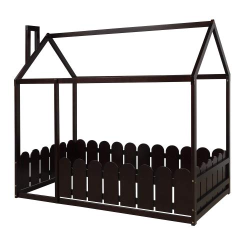**Solid Wood Twin Bed Frame with Safety Fence - Cabin Style Floor Bed for Kids, Nursery Furniture & Play Tent - Espresso Finish - Perfect for Toddler Rooms, Montessori Bedrooms & Cozy Play Areas**