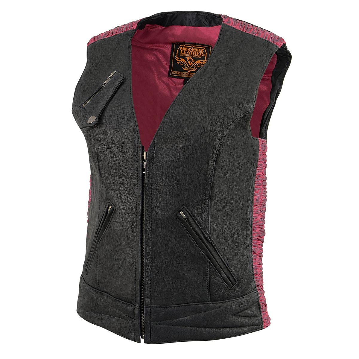Milwaukee Leather MLL4571 Women's Black & Pink Lightweight Motorcycle Vest - Crinkled Leather Biker Jacket for Harley Davidson (Size 2XL) | Breathable Summer Riding Gear for Female Riders | Perfect for Motorcycle Events, Urban Commuting, Road Trips & Daily Wear | Great for Casual Outings, Weekend Rides & Biker Meetups