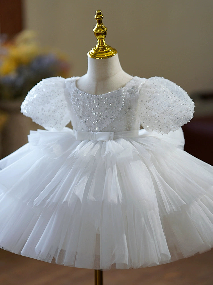 Princess Scoop Neck Tea Length Tulle Flower Girl Dress - White Bridesmaid Dress for Weddings, Flower Girls, and Special Occasions