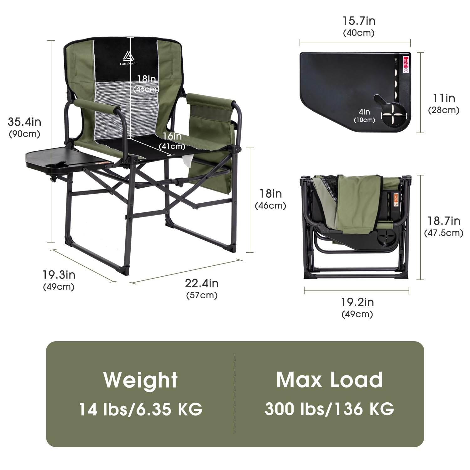 YOUGYM Wide Folding Director Chair with Side Table - 2 Pack Heavy Duty Camping Chairs for Adults (330 lbs Capacity) - Portable Outdoor Chairs with Cup Holder & Carry Bag - Perfect for Patio, Beach, Picnic & Backyard Relaxation - Green