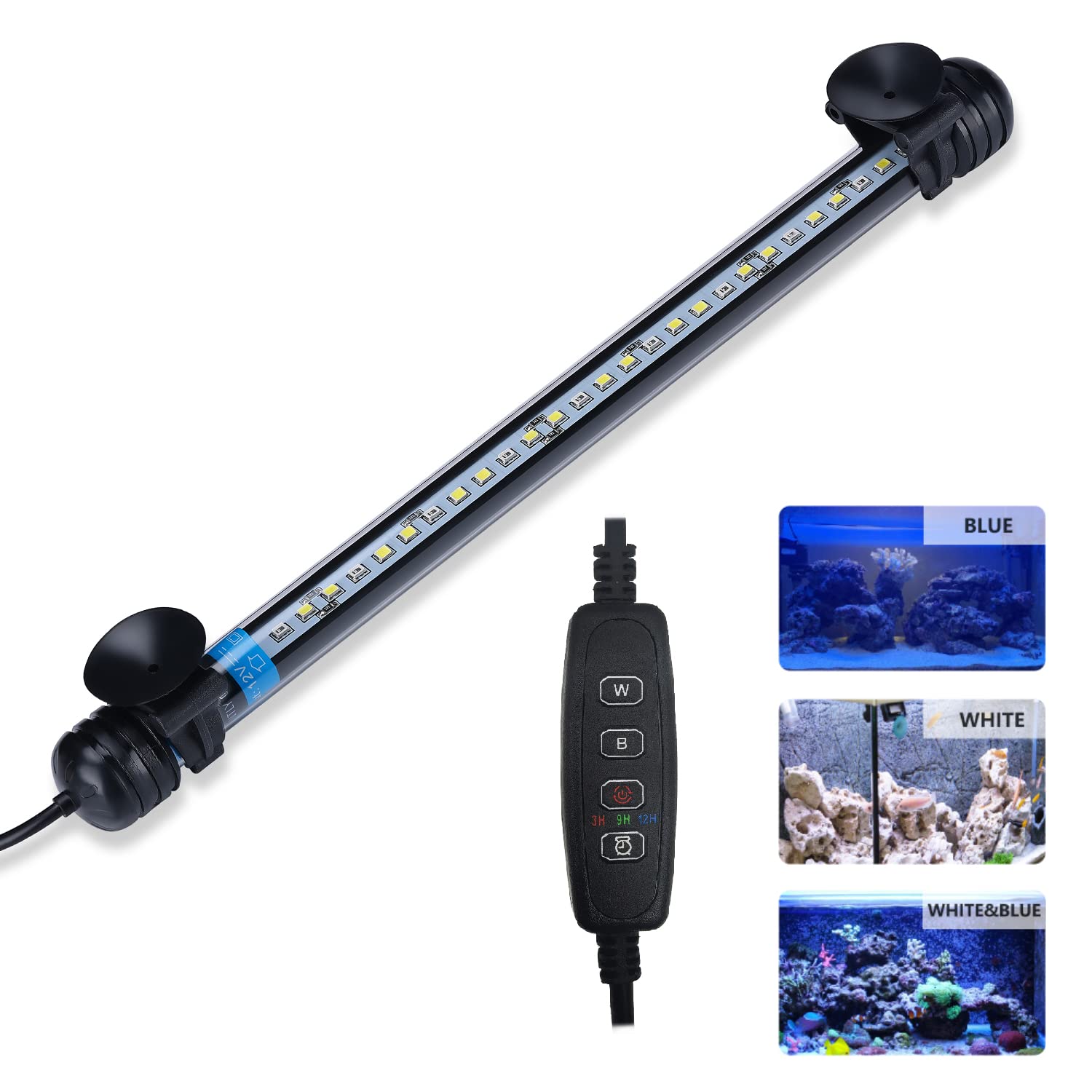 Cilehall 11.5IN Submersible Aquarium LED Light with Timer & Remote Control - Blue & White Fish Tank Lighting for Freshwater/Saltwater Aquariums - Perfect for Coral Growth, Planted Tanks & Night Viewing