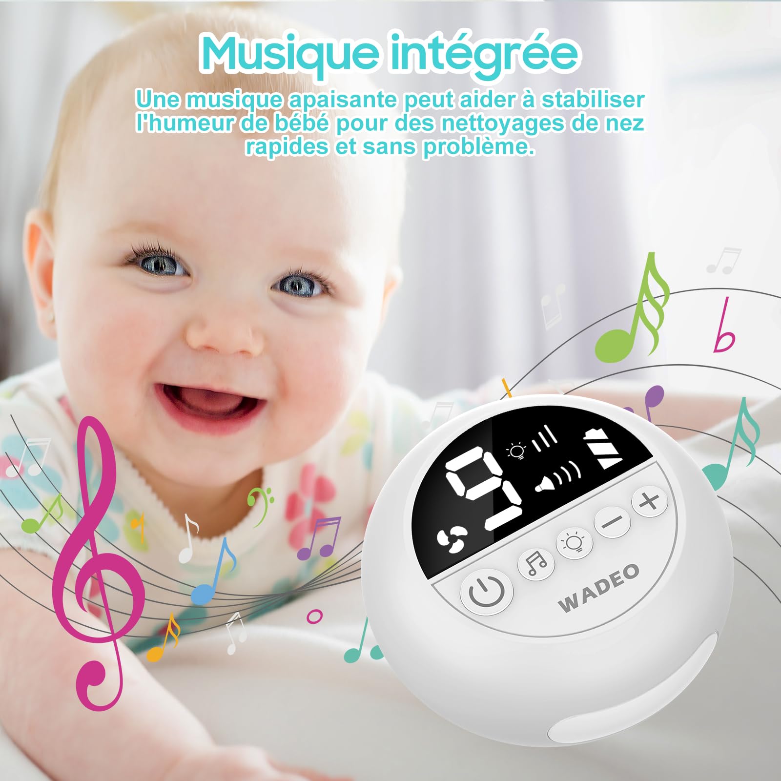 WADEO Electric Baby Nasal Aspirator - Rechargeable Nose Suction for Infants with 9 Adjustable Levels, Night Light & Soothing Rhymes | Safe Newborn Nasal Care for Congestion Relief & Better Sleep