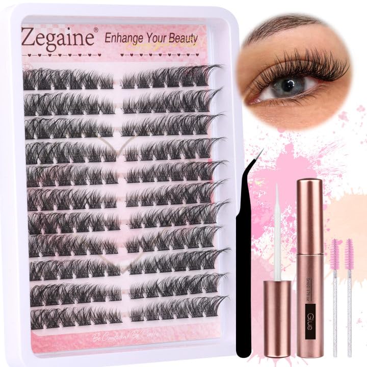 Premium Cat Eye Lash Extensions Kit - Natural Cluster Lashes (8-16mm, 132pcs/11 Pairs) with Eyelash Glue, Tweezers & Brushes - Fox Eye Effect for Dramatic Look - Perfect for Parties, Weddings & Special Occasions - Zegaine