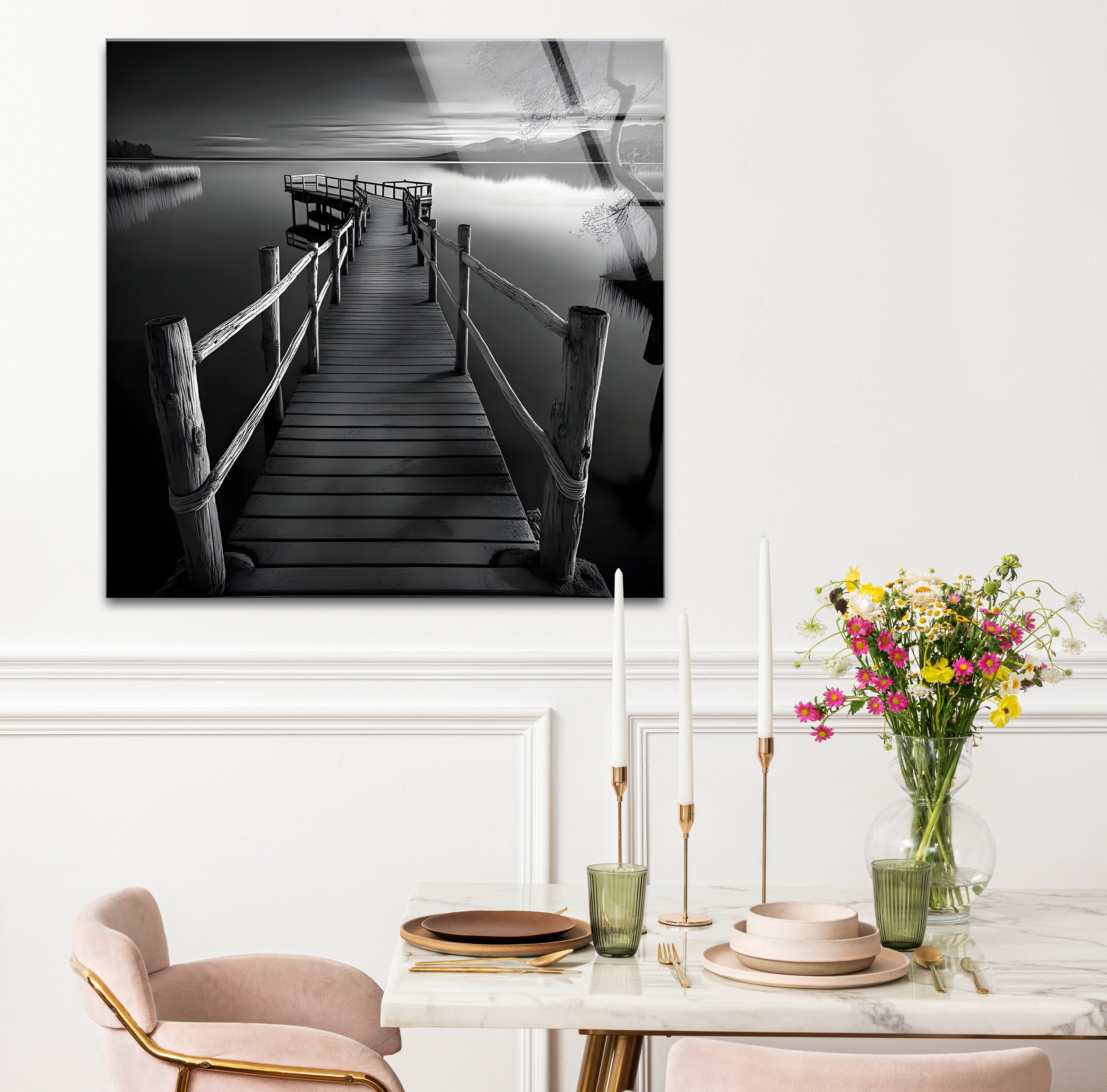 Black and White Dock Landscape Glass Wall Art - Modern Framed Home Decor for Living Room, Bedroom, Office | Coastal Nautical Theme
