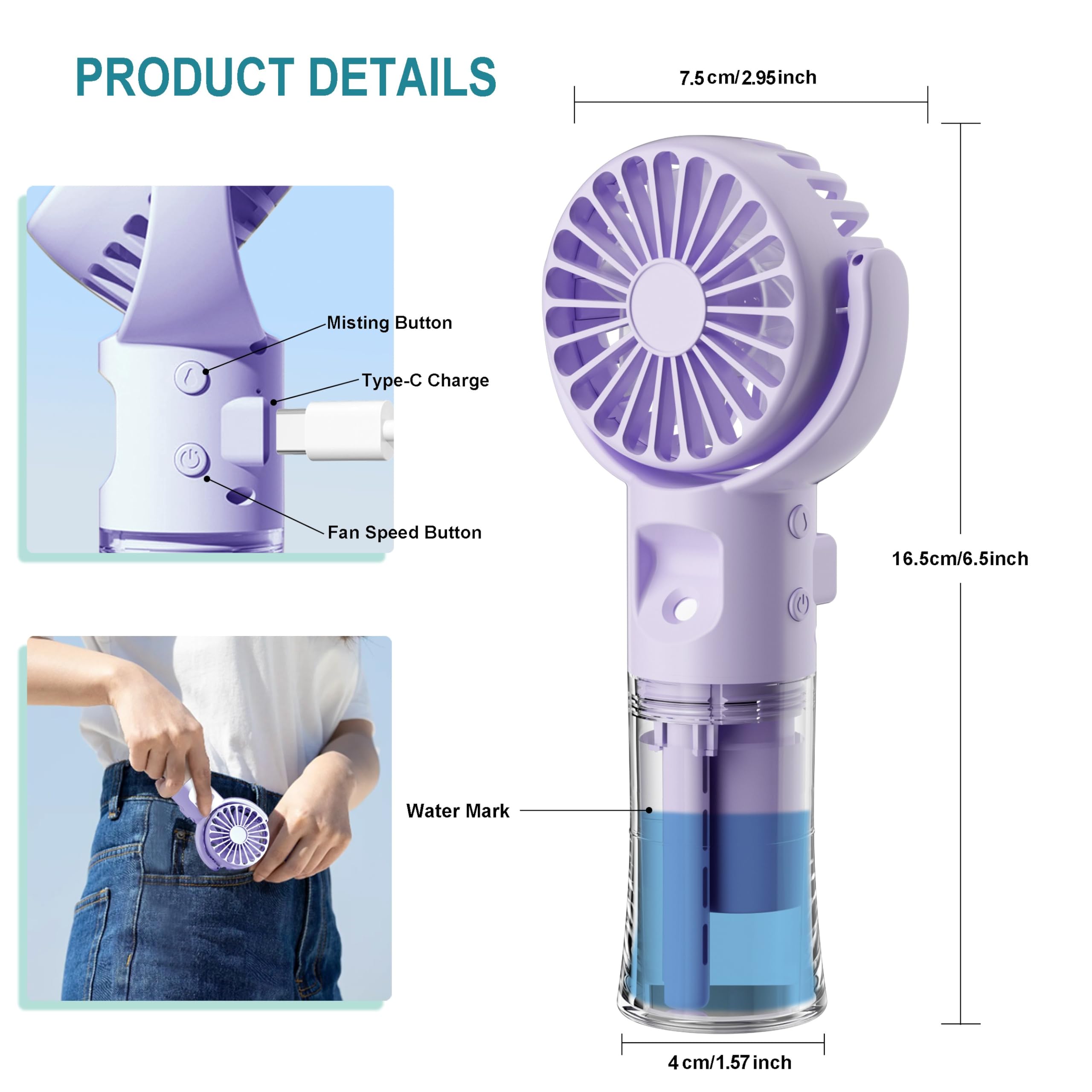 Rechargeable Handheld Misting Fan with 4 Speed Settings, 55ml Water Spray & 360° Foldable Design - Portable USB Personal Cooling Fan for Travel, Camping, Hiking, Beach, Outdoor Activities (Purple)