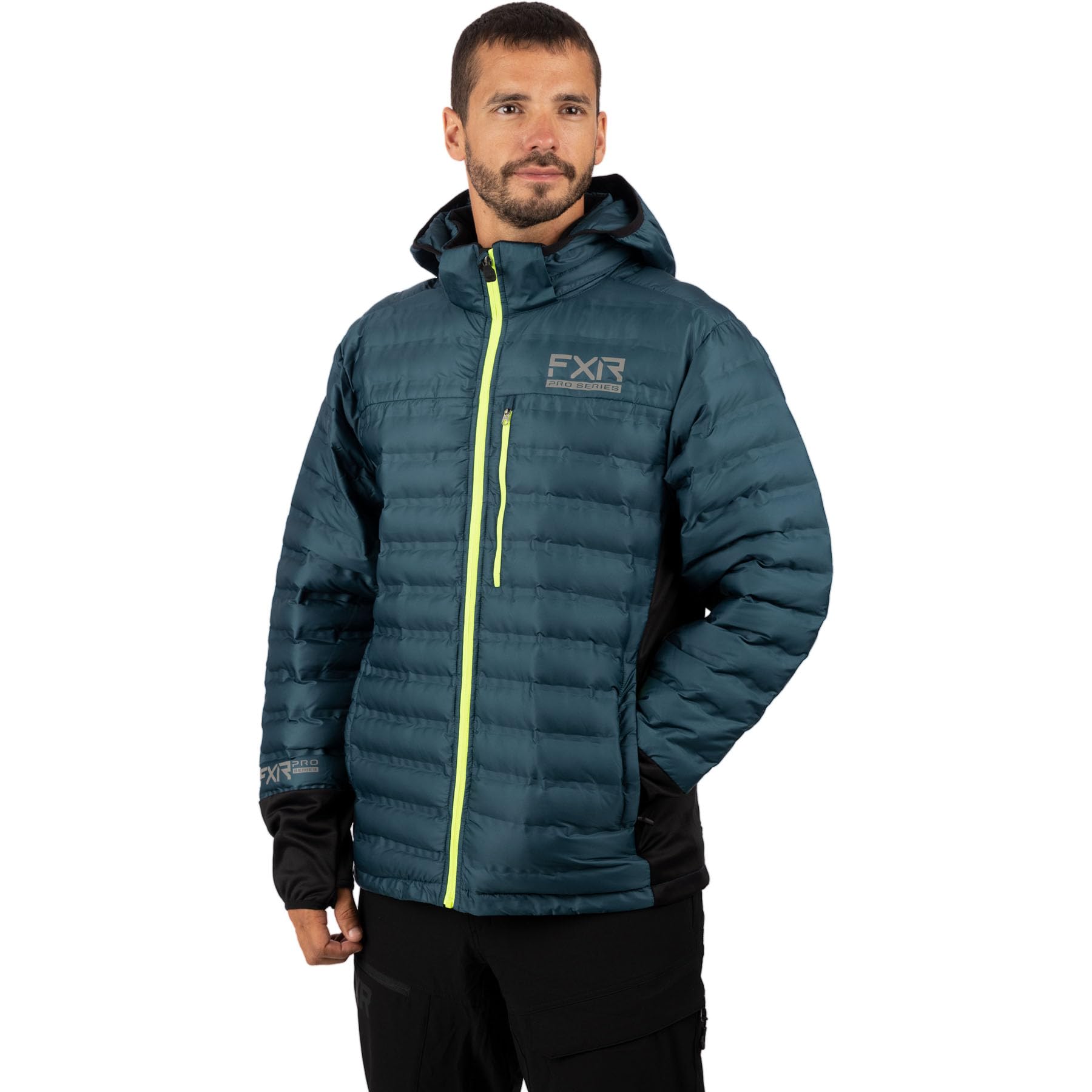 FXR Men's Podium Hybrid Quilted Hoodie Jacket 2025 - Windproof & Waterproof Winter Hoodie for Snowmobile, Skiing & Outdoor Activities (Slate Grey/High Visibility, 2XL)
