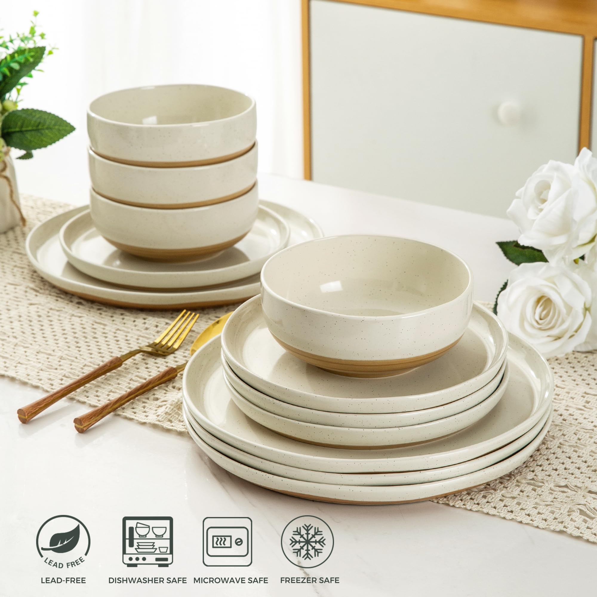 AmorArc 18-Piece Ceramic Dinnerware Set for 6, Hand-Painted Stoneware Plates & Bowls with Rustic Terracotta Underside - Scratch Resistant, Dishwasher & Microwave Safe - Light Beige - Perfect for Family Dinners, Entertaining Guests, and Everyday Use