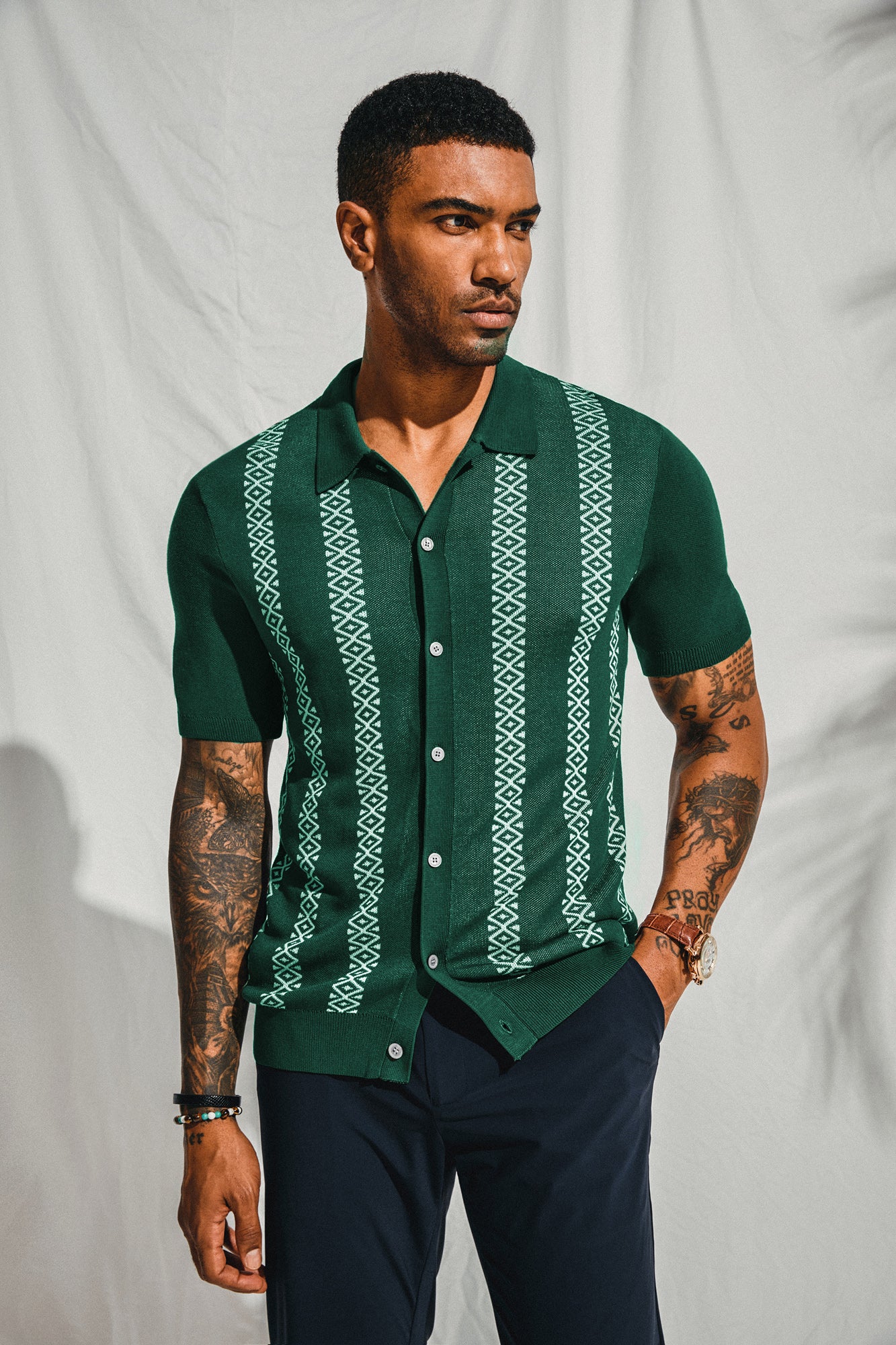 Vintage Men's Polo Short Sleeve Shirt - Geometric Striped Knit Casual Top for Summer Outings & Beach Wear