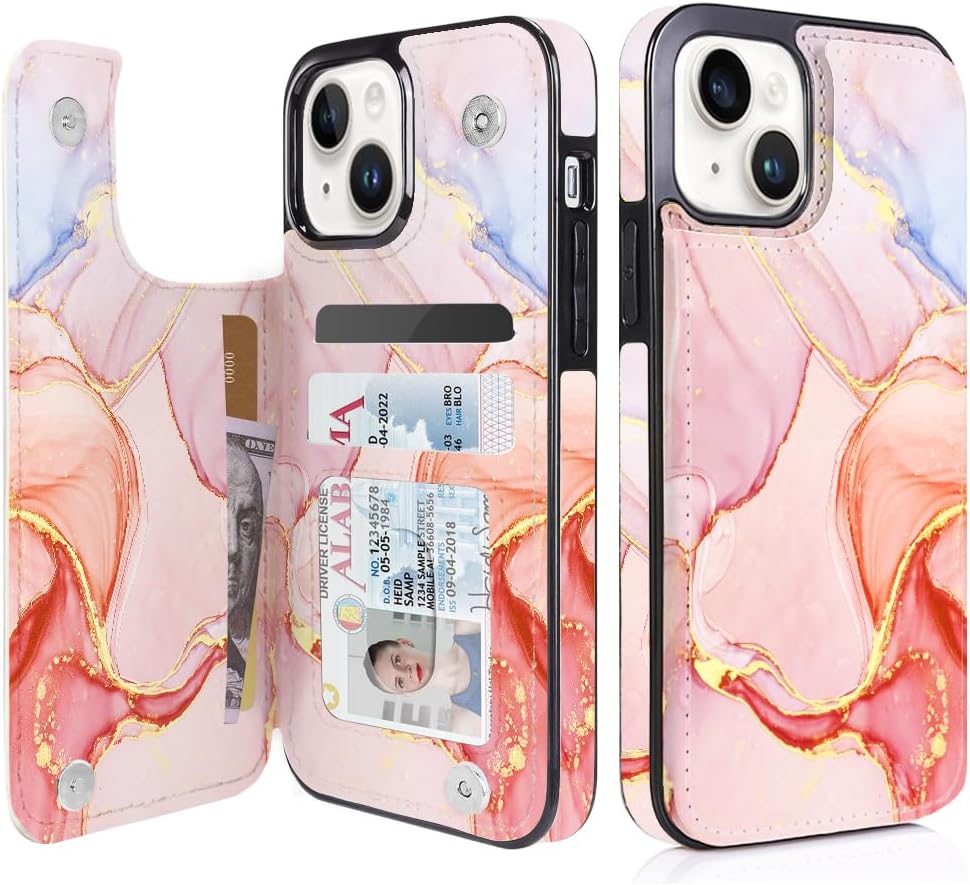 iPhone 15 Pro Case with Leather Kickstand & Double Magnetic Clasp - RFID Blocking Protective Cover for 6.1