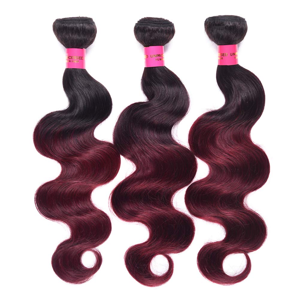 Brazilian Ombre Burgundy Human Hair Bundles 8A Body Wave Weaves - 1B/99J Ombre Red Hair Extensions (18, 20, 22 Inch) for Stunning Length & Volume | Perfect for Parties, Weddings & Everyday Glam