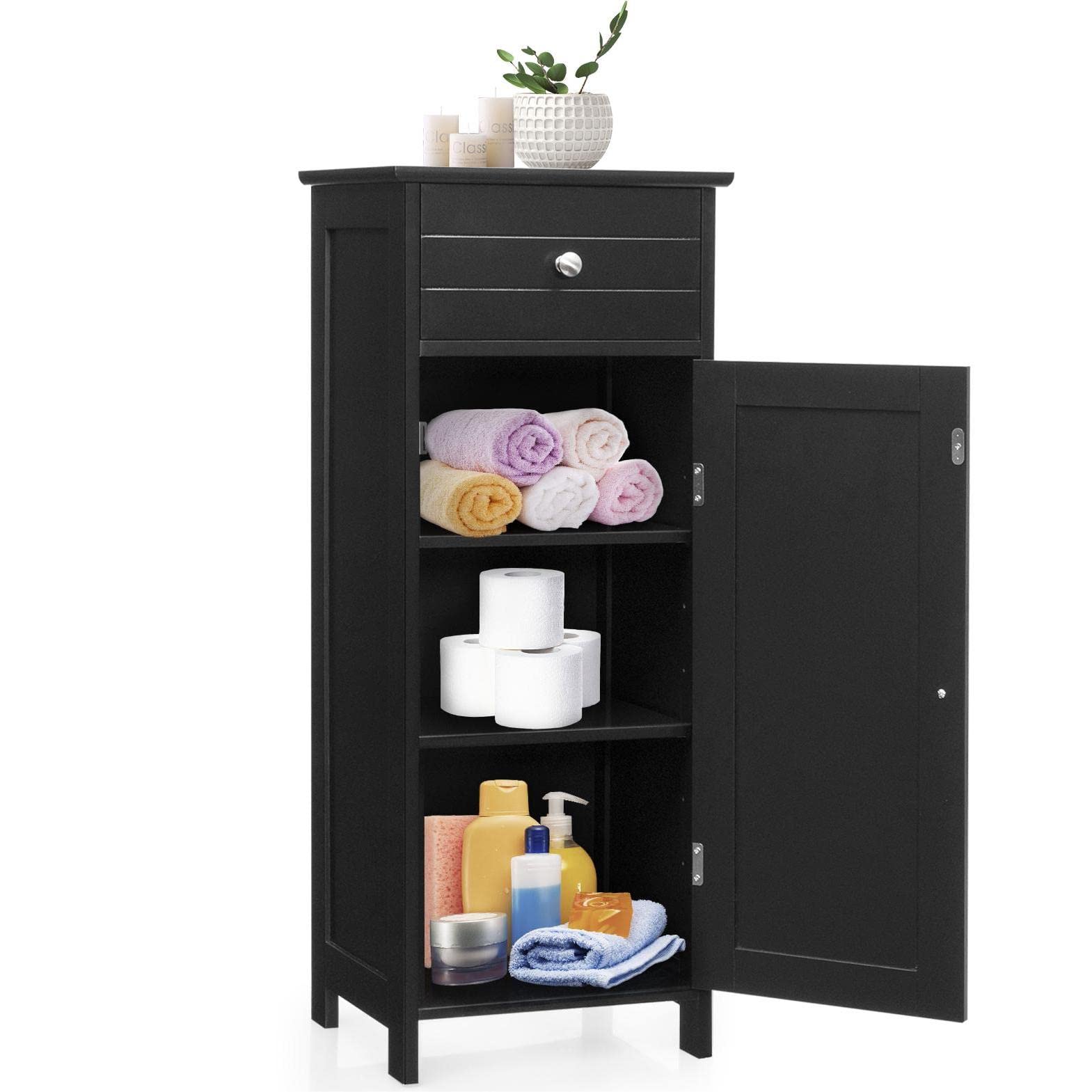 LDAILY Bathroom Floor Cabinet with Single Door, Large Drawer & 2 Adjustable Shelves - Wooden Storage Organizer for Bathroom, Bedroom, or Living Room - Perfect for Organizing Towels, Toiletries & Home Essentials