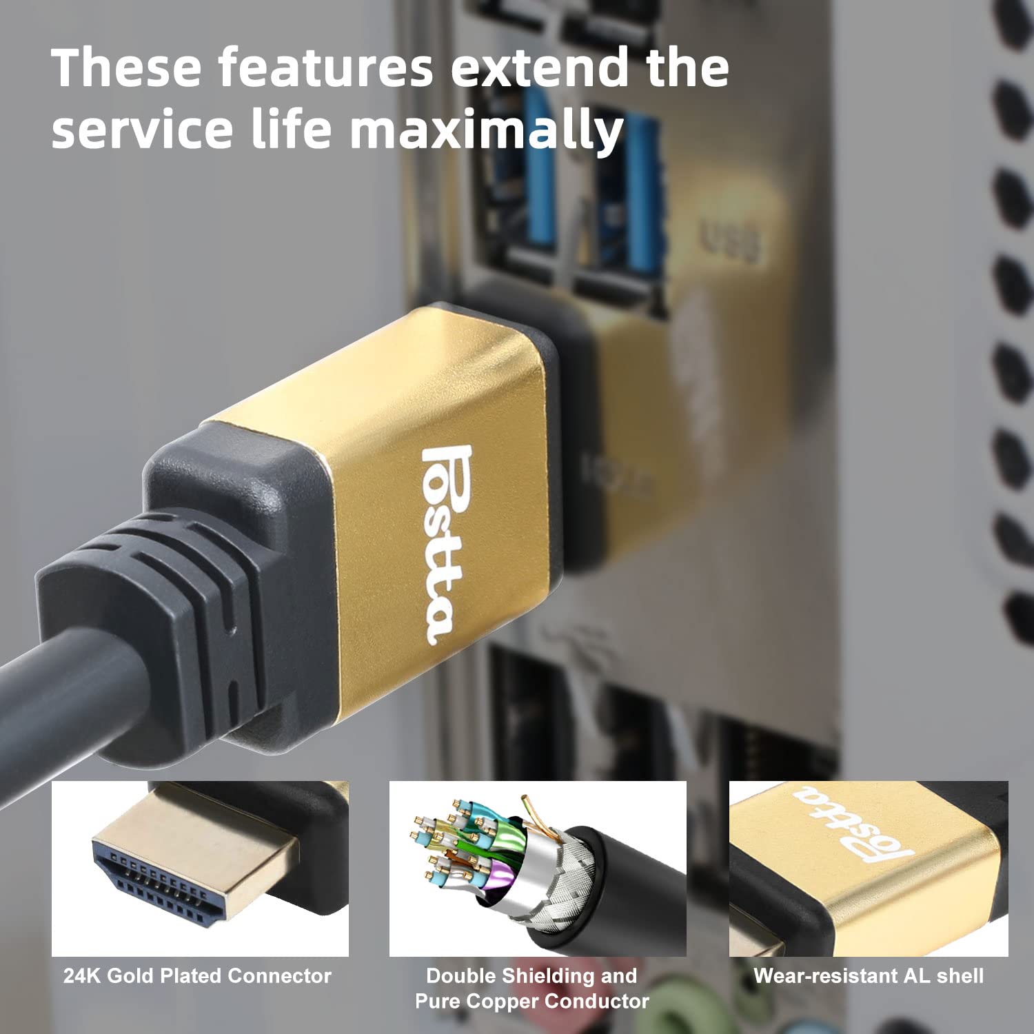 Postta 130ft HDMI 2.0 Cable with Signal Booster - Supports 4K 3D 1080P HDR, Ethernet & Audio Return - Gold Plated Connectors (1 Pack) - Perfect for Home Theater, Gaming & Long Distance AV Setups