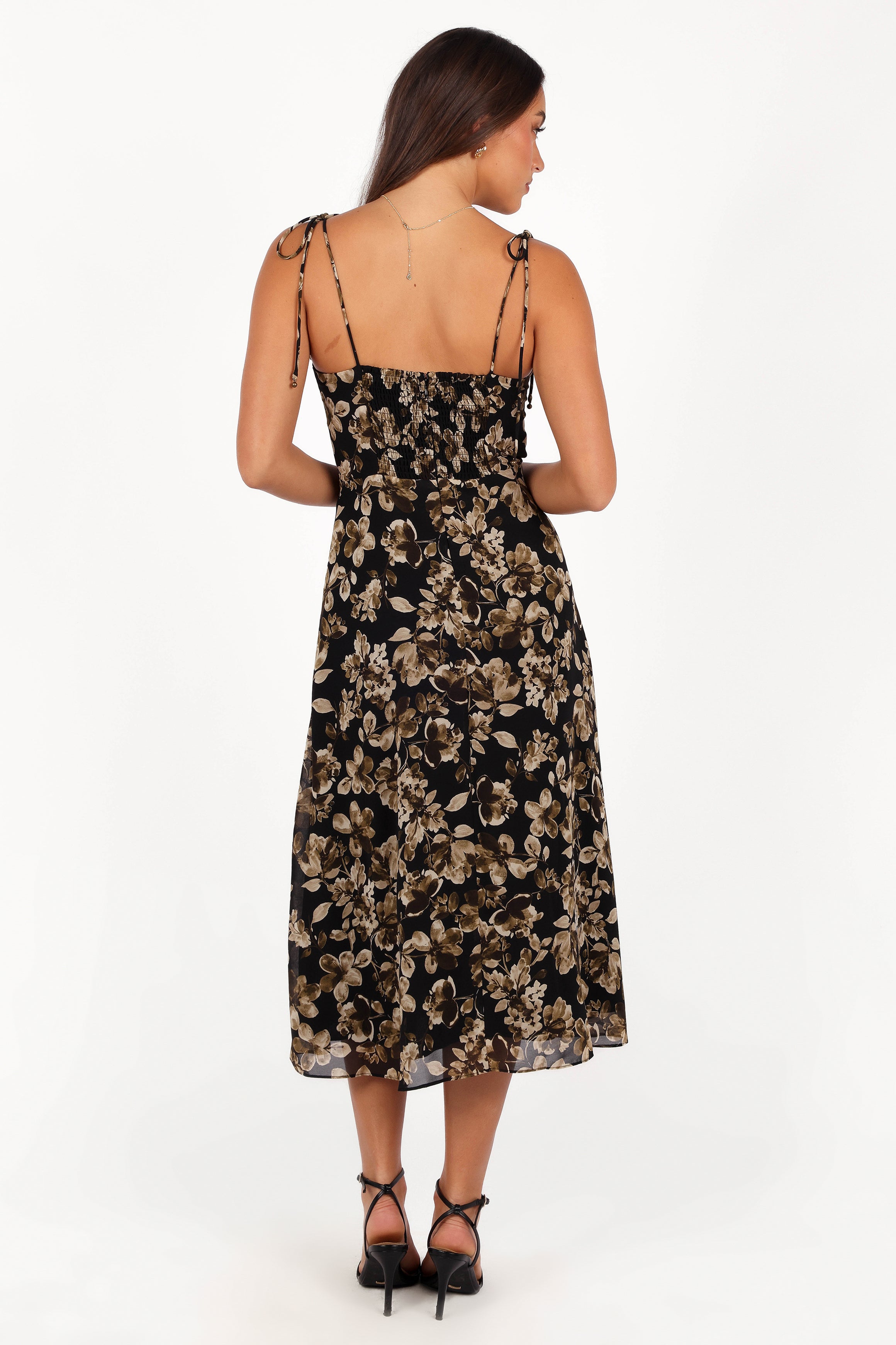 Arycia Women's Black Floral Midi Dress - Elegant Casual & Party Wear for Spring & Summer