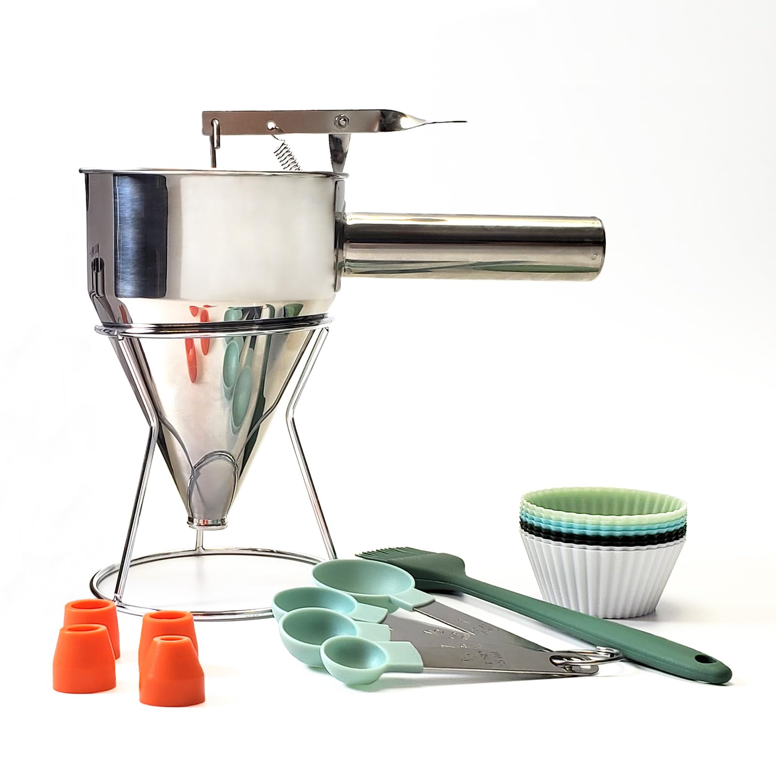 Stainless Steel Pancake Batter Dispenser 20oz with 4 Silicone Nozzles - Essential Baking Tool for Perfect Pancakes, Crepes & Waffles - Ideal for Home Kitchens, Breakfast Cafes & Bakeries
