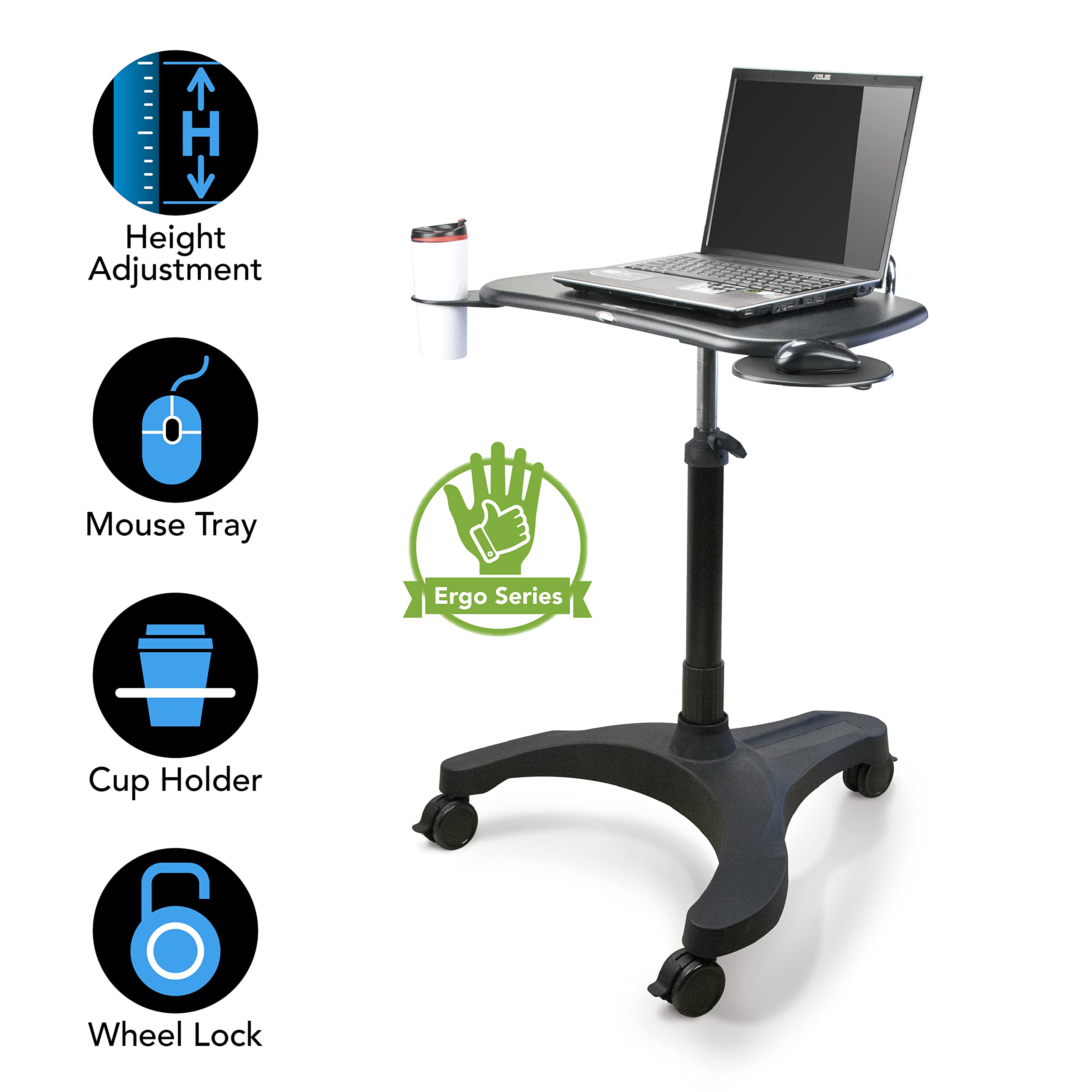 Adjustable Height Mobile Laptop Stand Cart with Wheels - Pneumatic Sit to Stand Rolling Workstation for Home Office, Medical & Classroom Use - Easy Assembly Ergonomic Computer Desk for Productivity & Comfort