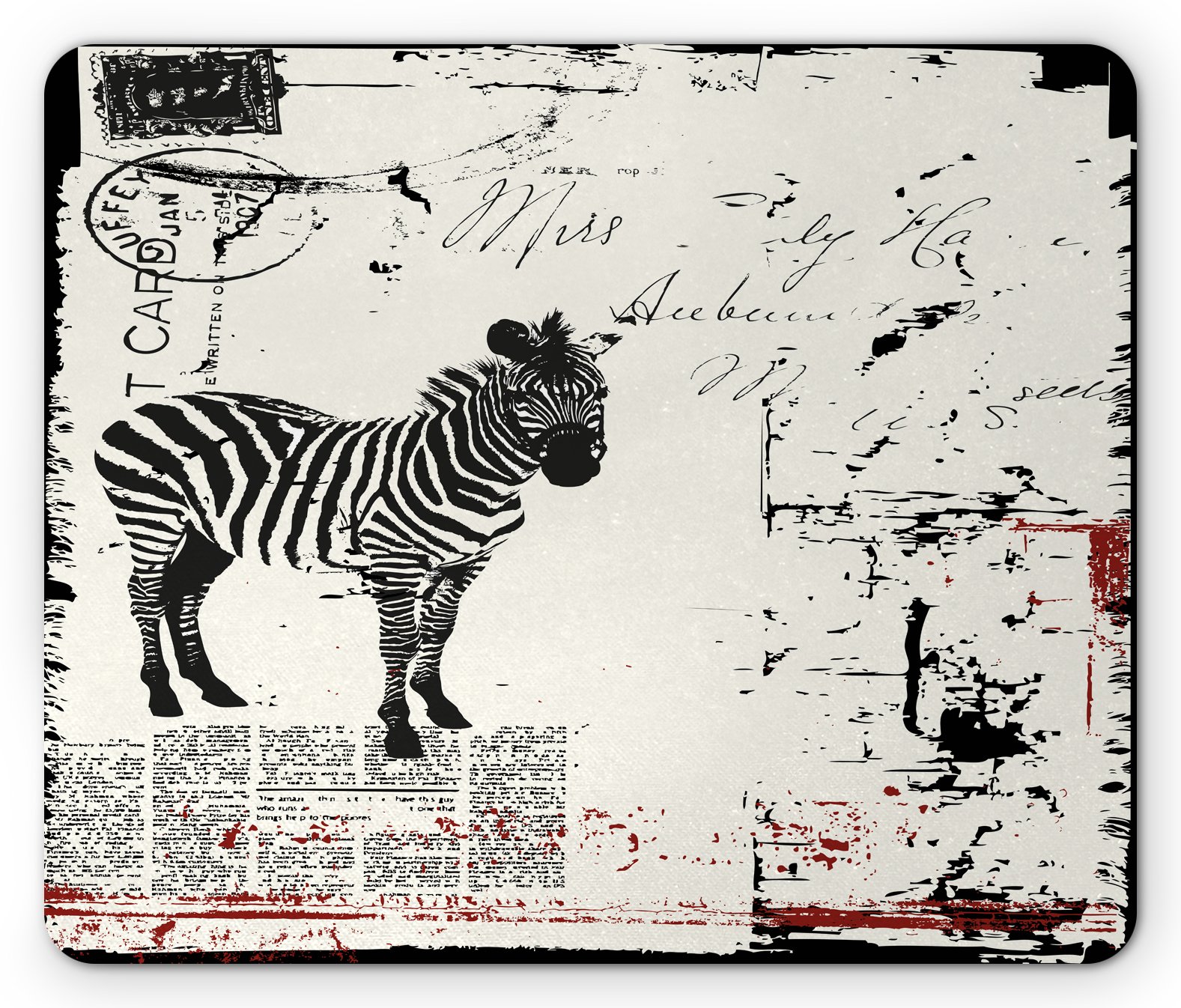 Lunarable Grunge Mouse Pad - Modern Textured Savannah Zebra Print on Retro Typographic Background, Non-Slip Rubber Mousepad, Standard Size (Black & Cream) for Gaming, Office & Home Computer Use