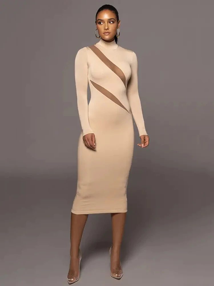 Women's Autumn Winter Long Sleeve Mesh Patchwork Bodycon Midi Dress - Elegant Party Evening Dress for Women | Perfect for Holiday Gatherings, Cocktail Parties & Date Nights