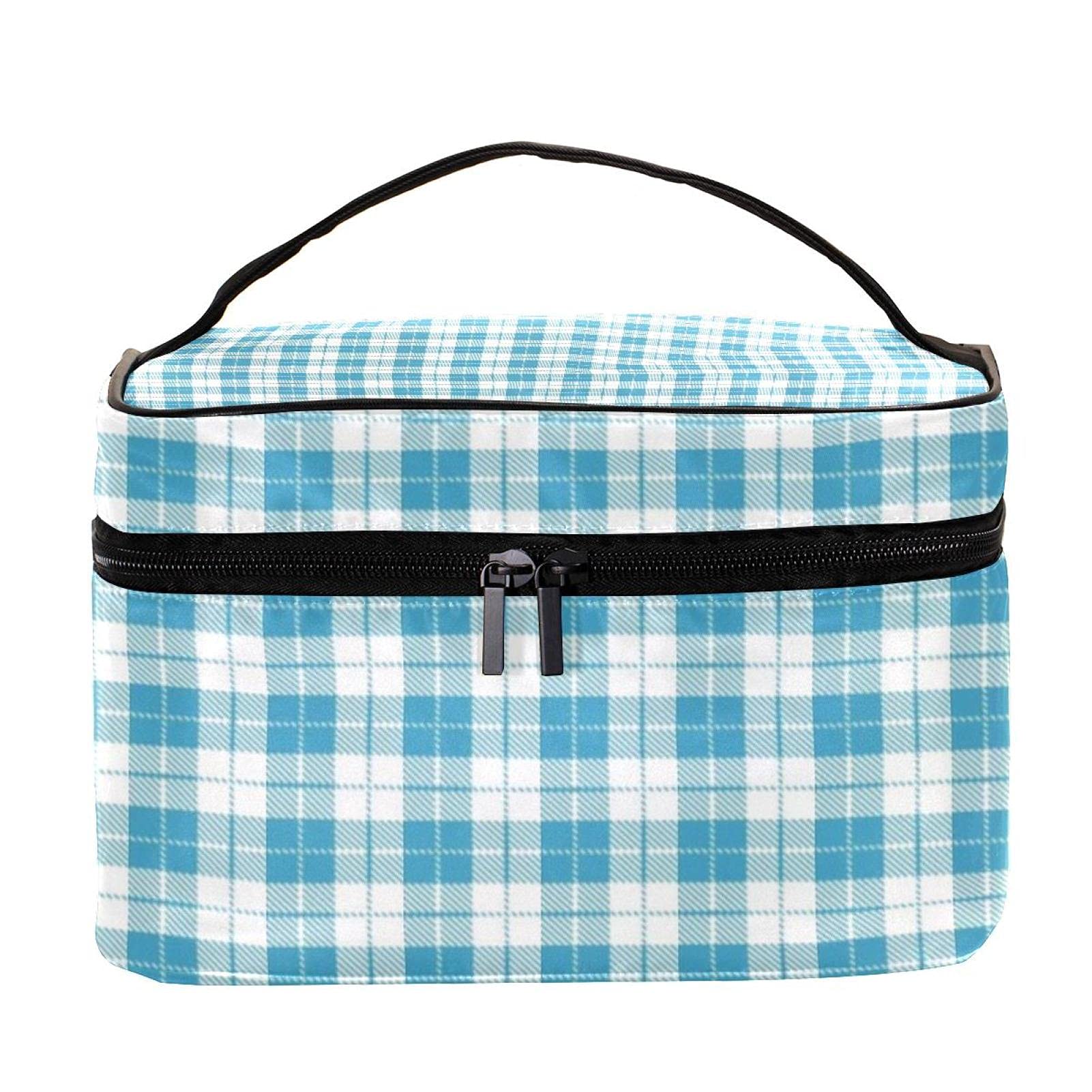 Teal Plaid Check Pattern Large Travel Makeup Bag - Waterproof Cosmetic Organizer Case with Zipper for Women & Girls | Perfect for Vacation, Gym, Business Trips & Daily Essentials Storage