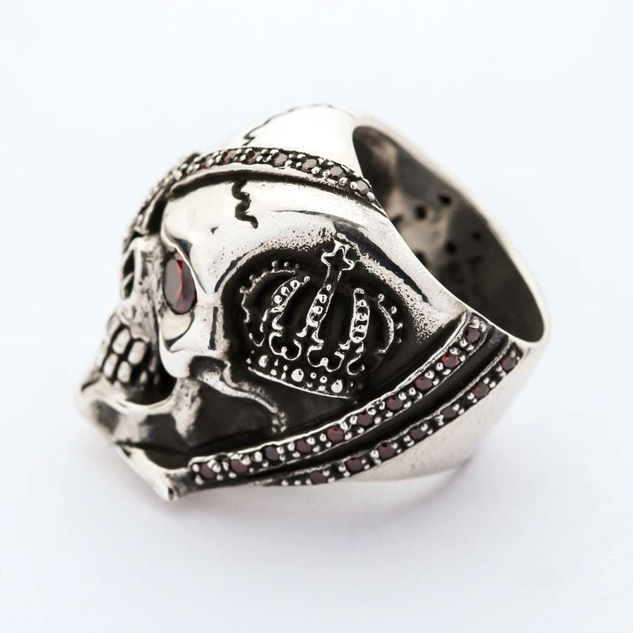 Sterling Silver Red Garnet Eye Crown Pirate Skull Ring for Men - Gothic Jewelry, Punk Accessory, Halloween Costume, Cosplay, Steampunk Fashion