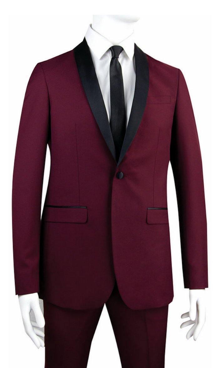Burgundy Slim Fit Tuxedo Suit with Black Shawl Lapel & Matching Pants | Formal Wedding Attire, Prom Outfit, Black Tie Event Wear