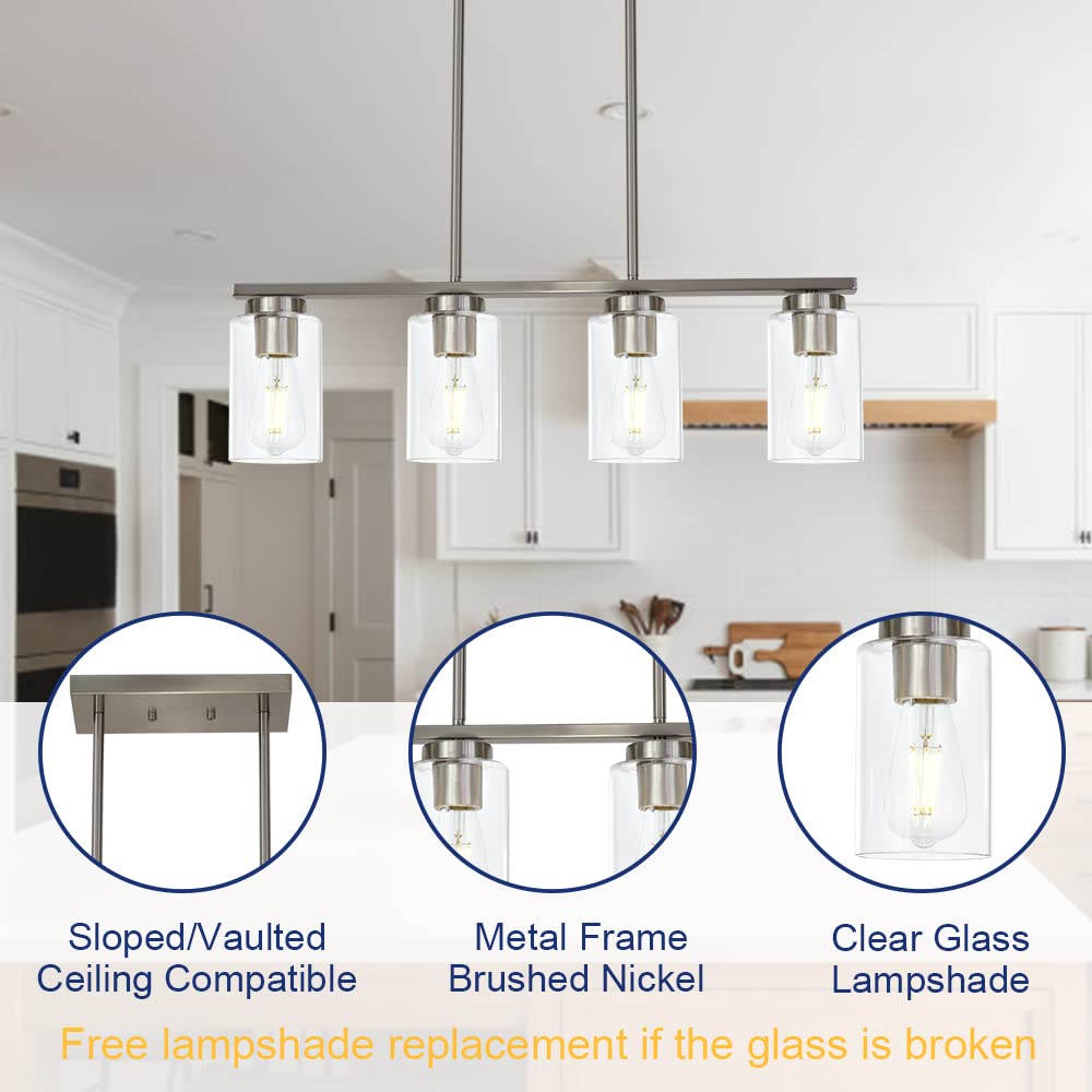 Modern 4-Light Brushed Nickel Kitchen Island Pendant Lighting with Clear Glass Shades - Perfect for Dining Room, Breakfast Nook & Kitchen Countertop Illumination