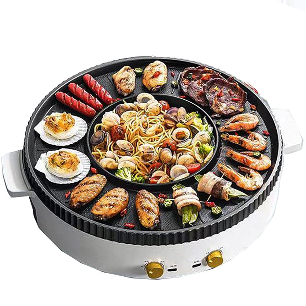 Non-Stick Smokeless Electric BBQ Grill & Hot Pot - Dual Temperature Control, Multi-Function Korean/Thai/Shabu Shabu Cooker for 2-8 People, White - Perfect for Indoor Family Gatherings, Parties & Asian Cuisine Cooking